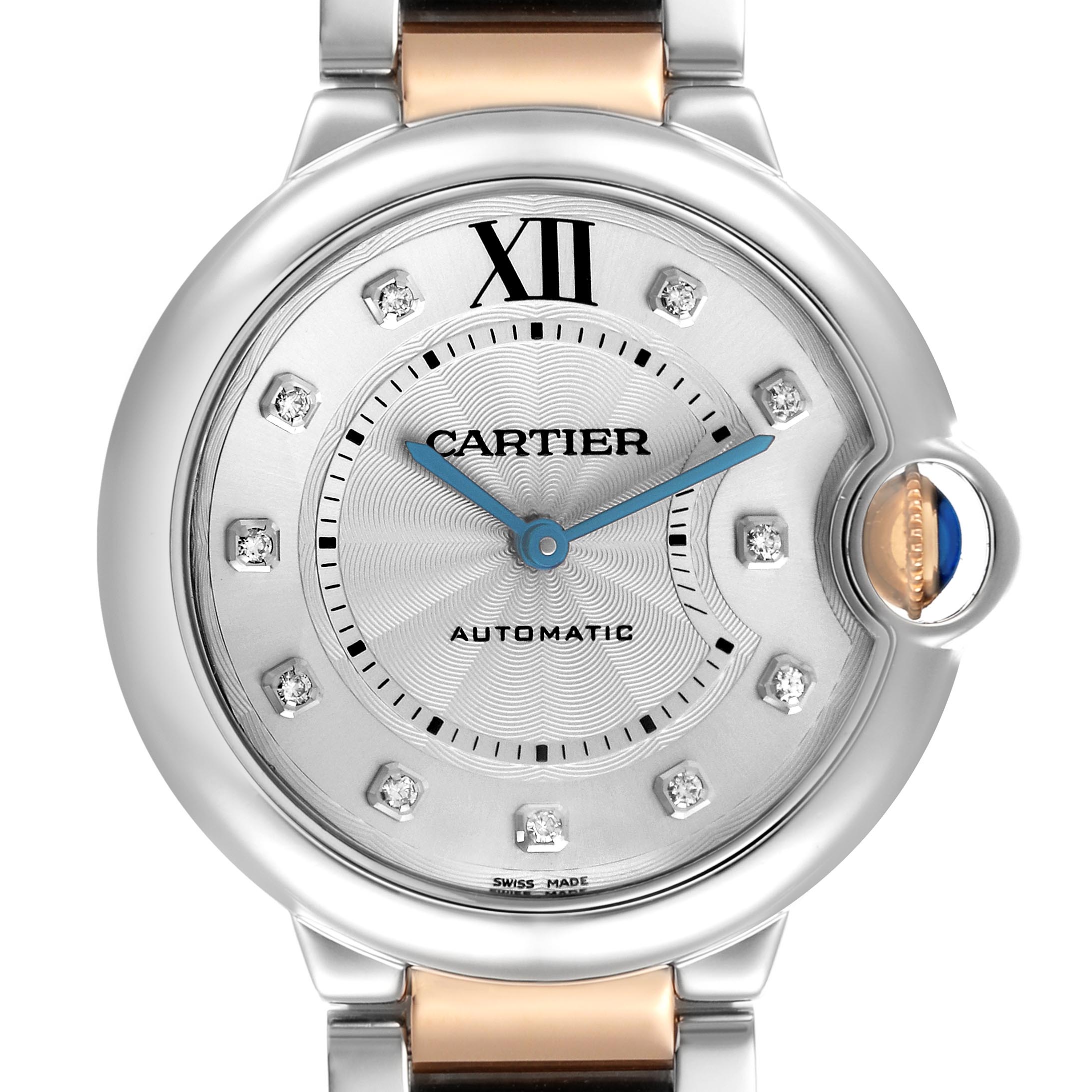 The image shows a front view of the Cartier Ballon Bleu W3BB0018 Women
s Steel and Gold (two tone) Silver Dial W3BB0018 Women
s Steel and Gold (two tone) Silver Dial watch, highlighting its dial, hands, and bezel.