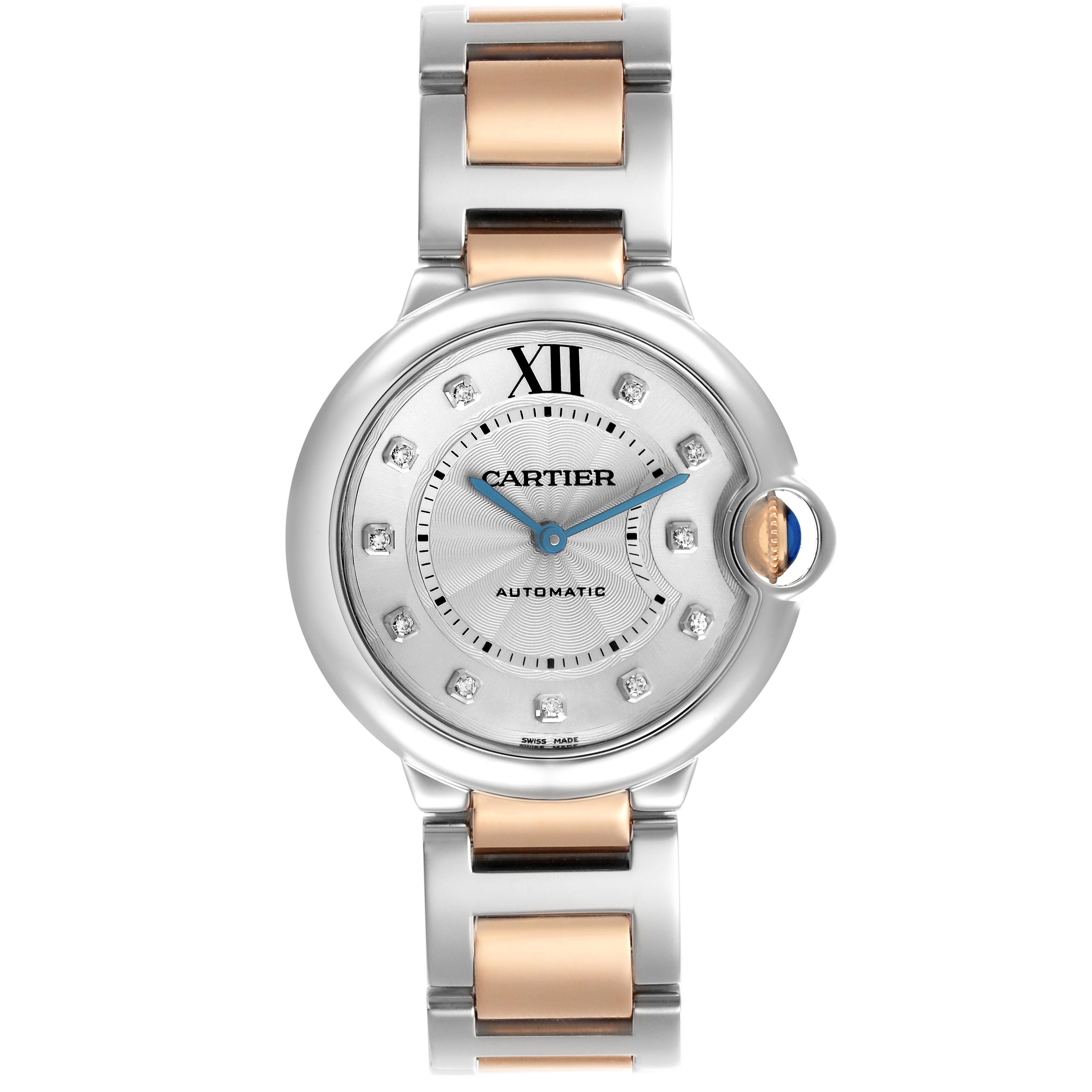 The Cartier Ballon Bleu W3BB0018 Women
s Steel and Gold (two tone) Silver Dial W3BB0018 Women
s Steel and Gold (two tone) Silver Dial watch is shown from the front, highlighting its round face, blue hands, and two-tone bracelet.