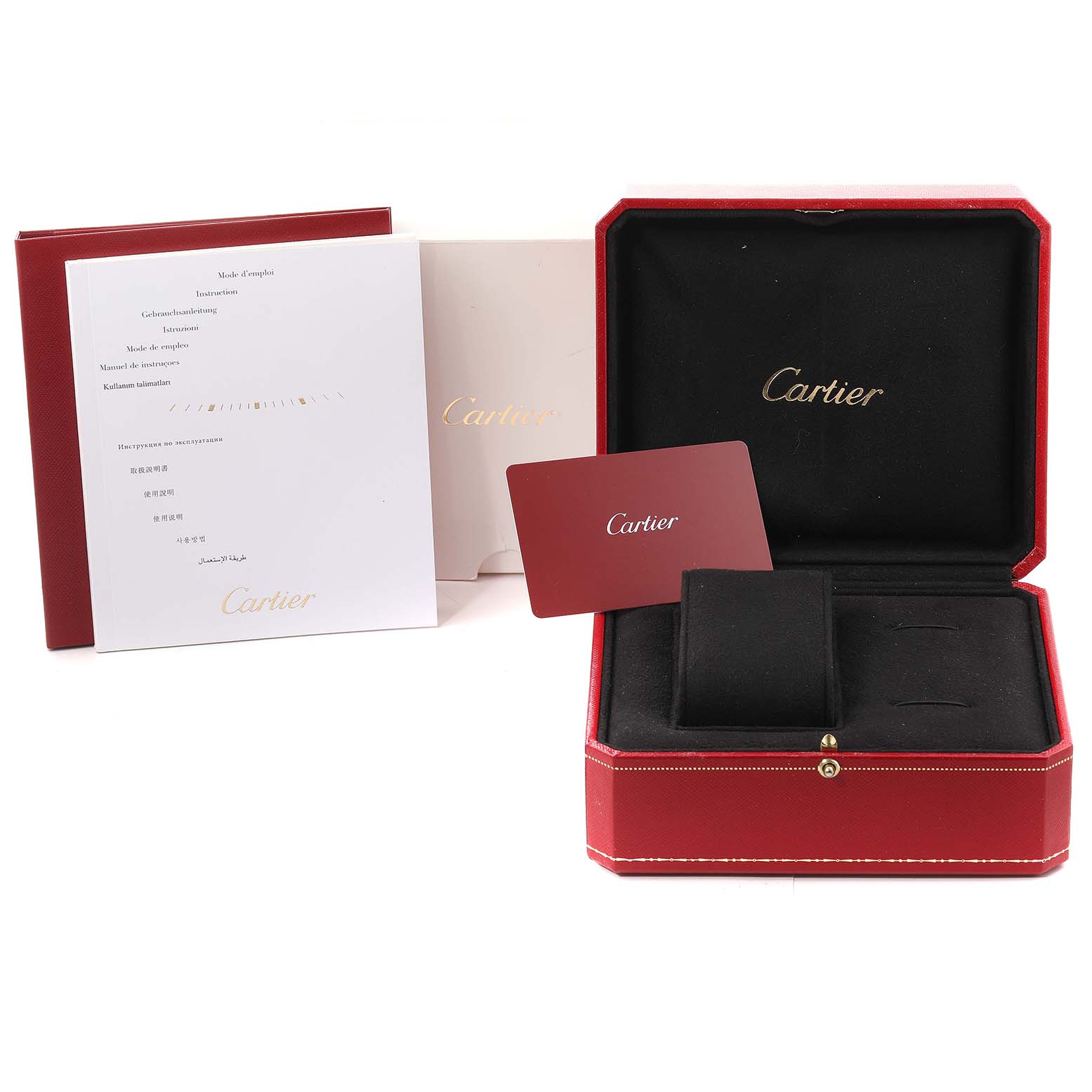 The image shows an open red Cartier Ballon Bleu WE9003Z3 Women's White Gold Silver Dial WE9003Z3 Women's White Gold Silver Dial watch box, along with booklets and a certificate card.