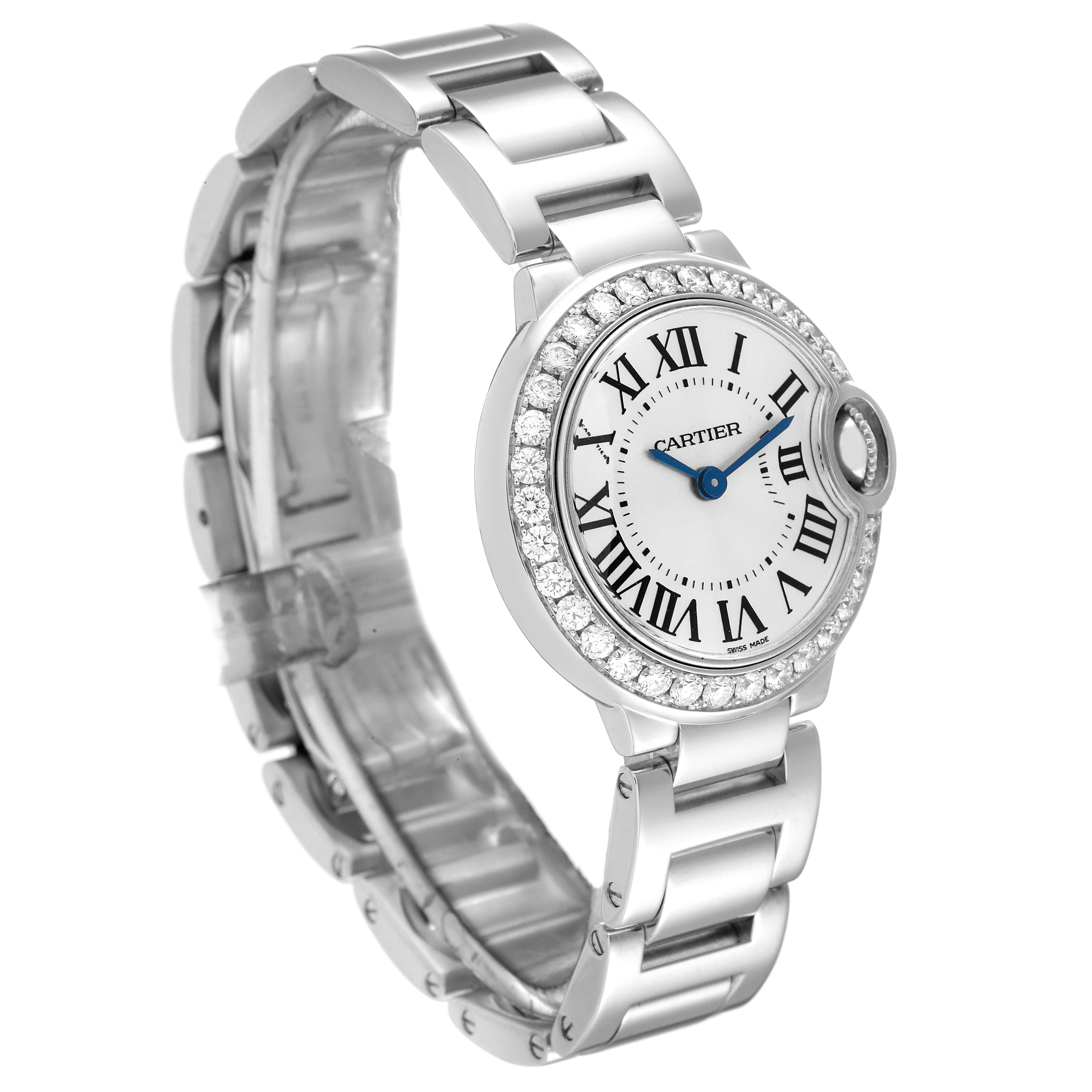 The Cartier Ballon Bleu WE9003Z3 Women's White Gold Silver Dial WE9003Z3 Women's White Gold Silver Dial watch is shown at a slight angle highlighting the face, bezel, and metal band.