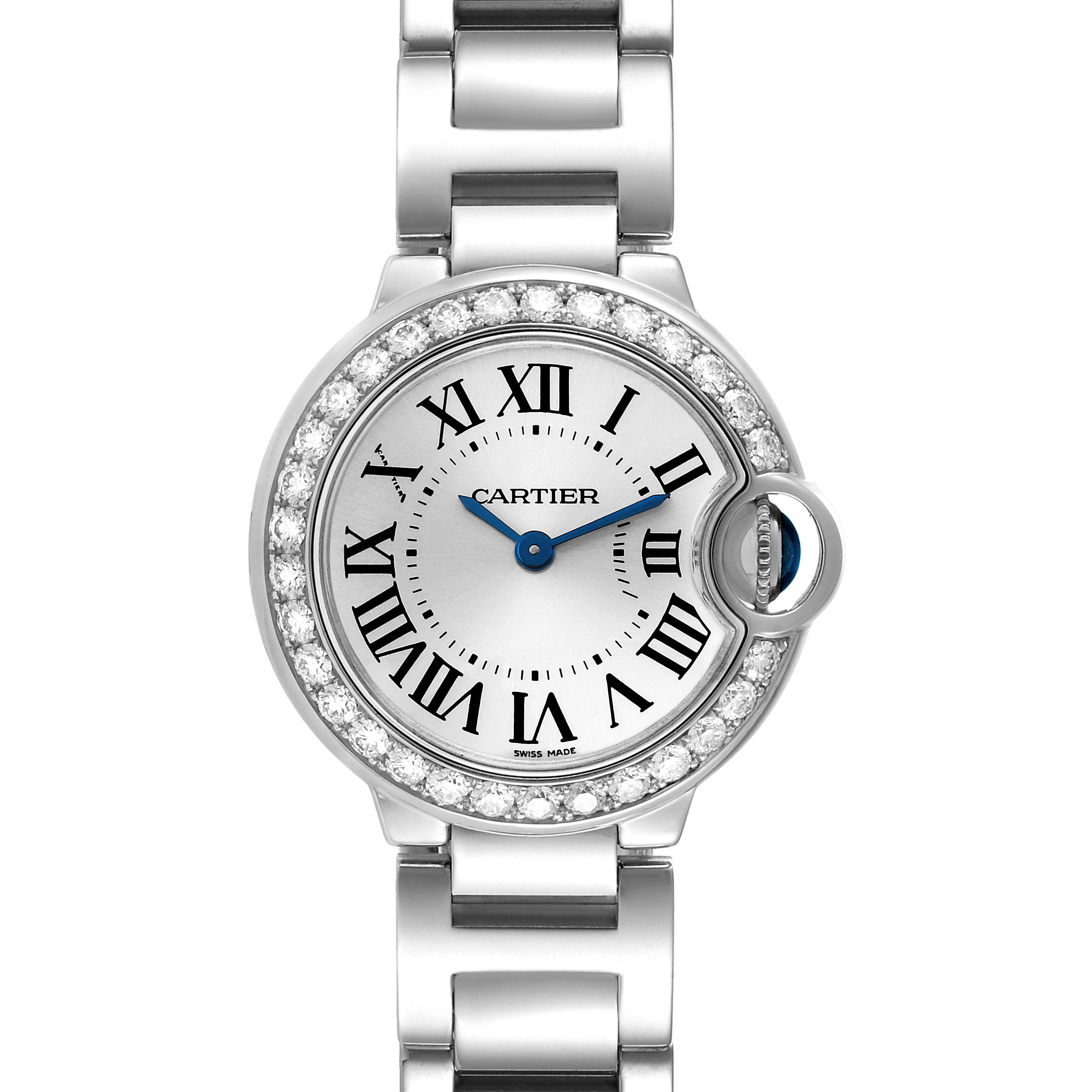 This image shows a front view of the Cartier Ballon Bleu WE9003Z3 Women's White Gold Silver Dial WE9003Z3 Women's White Gold Silver Dial watch, highlighting its dial, Roman numerals, and bracelet.