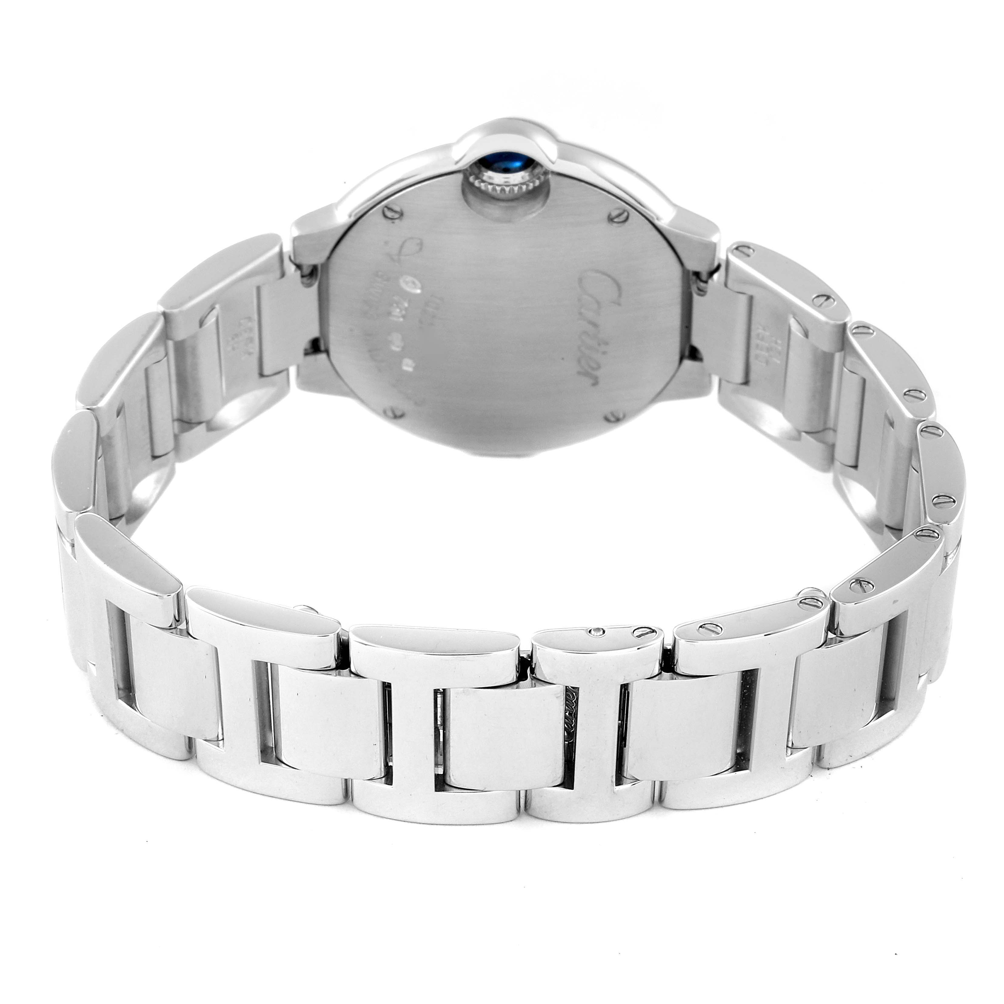 The image shows the rear view of a Cartier Ballon Bleu WE9003Z3 Women's White Gold Silver Dial WE9003Z3 Women's White Gold Silver Dial watch, highlighting its back case and metal bracelet.