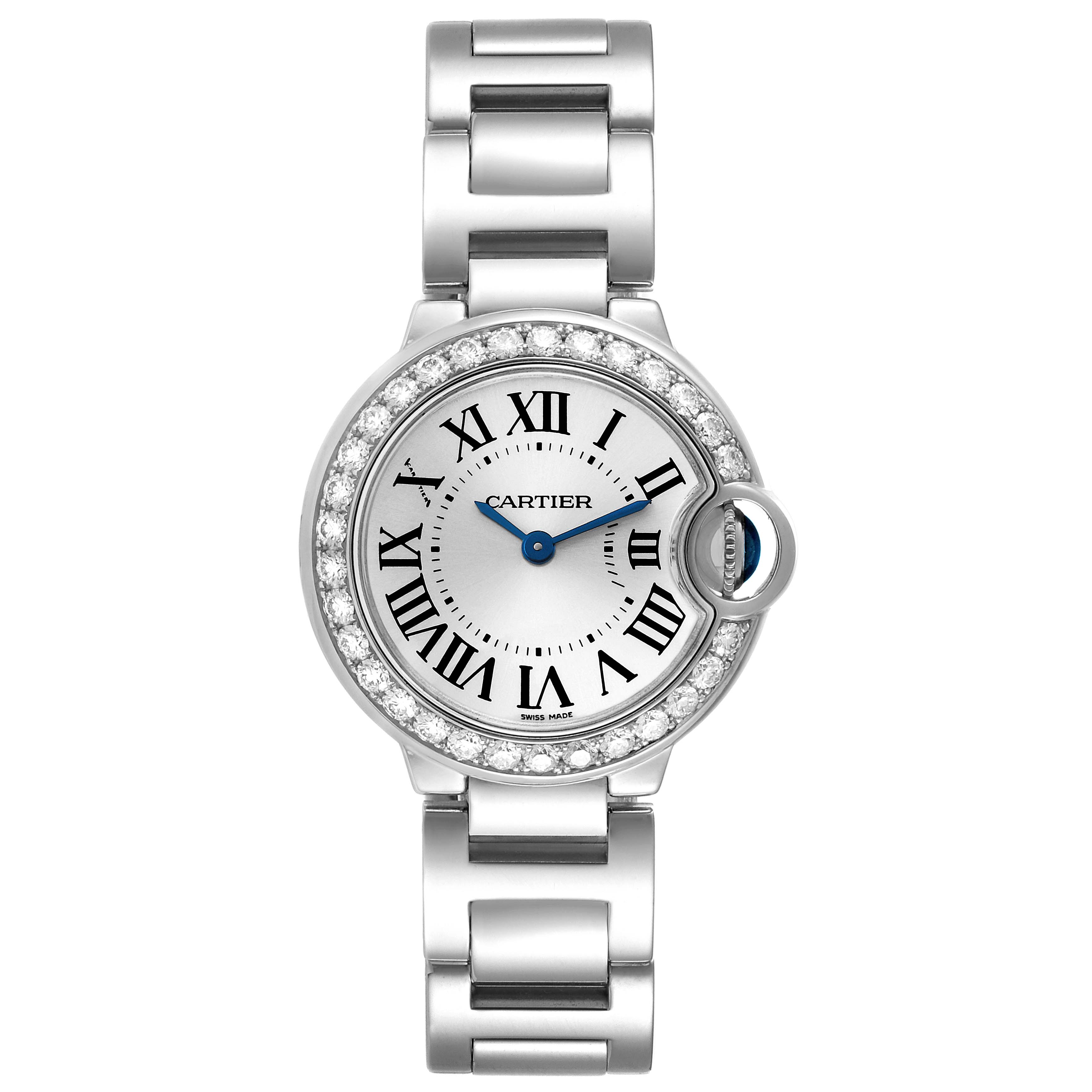 The image shows a front view of the Cartier Ballon Bleu WE9003Z3 Women's White Gold Silver Dial WE9003Z3 Women's White Gold Silver Dial watch, highlighting its face, bezel, and part of the bracelet.