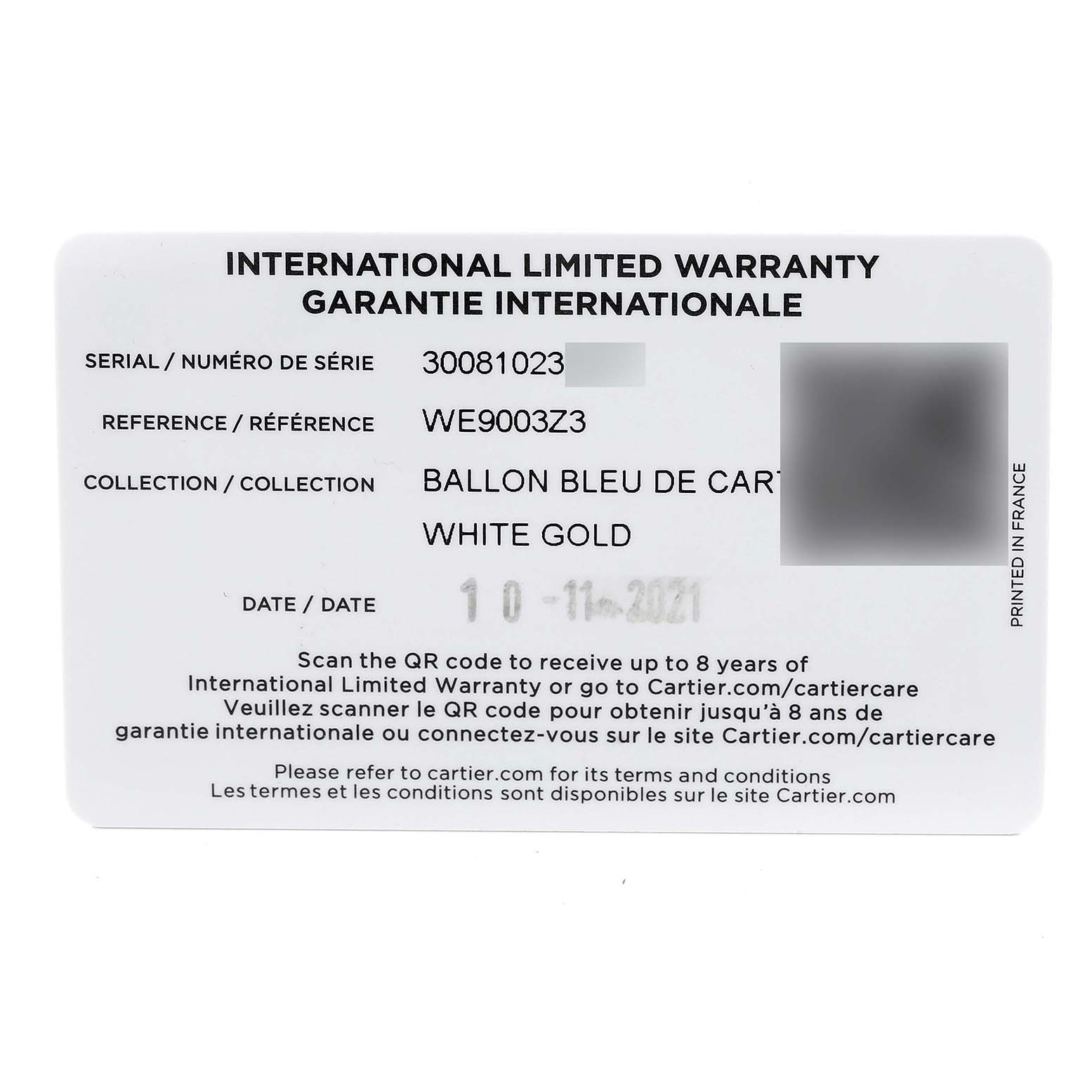 The image shows the International Limited Warranty card for the Ballon Bleu model by Cartier, indicating details like the serial number and reference.