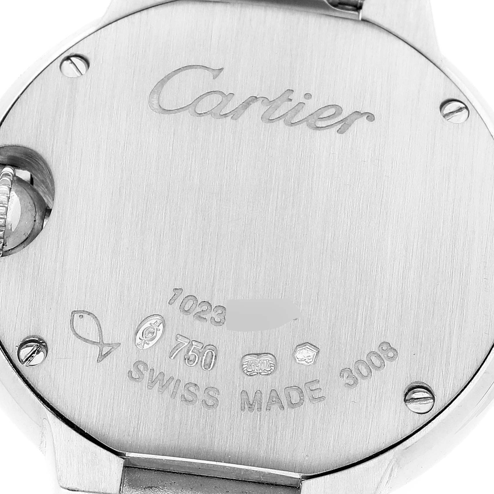The image shows the back case of a Ballon Bleu model watch by Cartier, highlighting the brand engraving and serial markings.