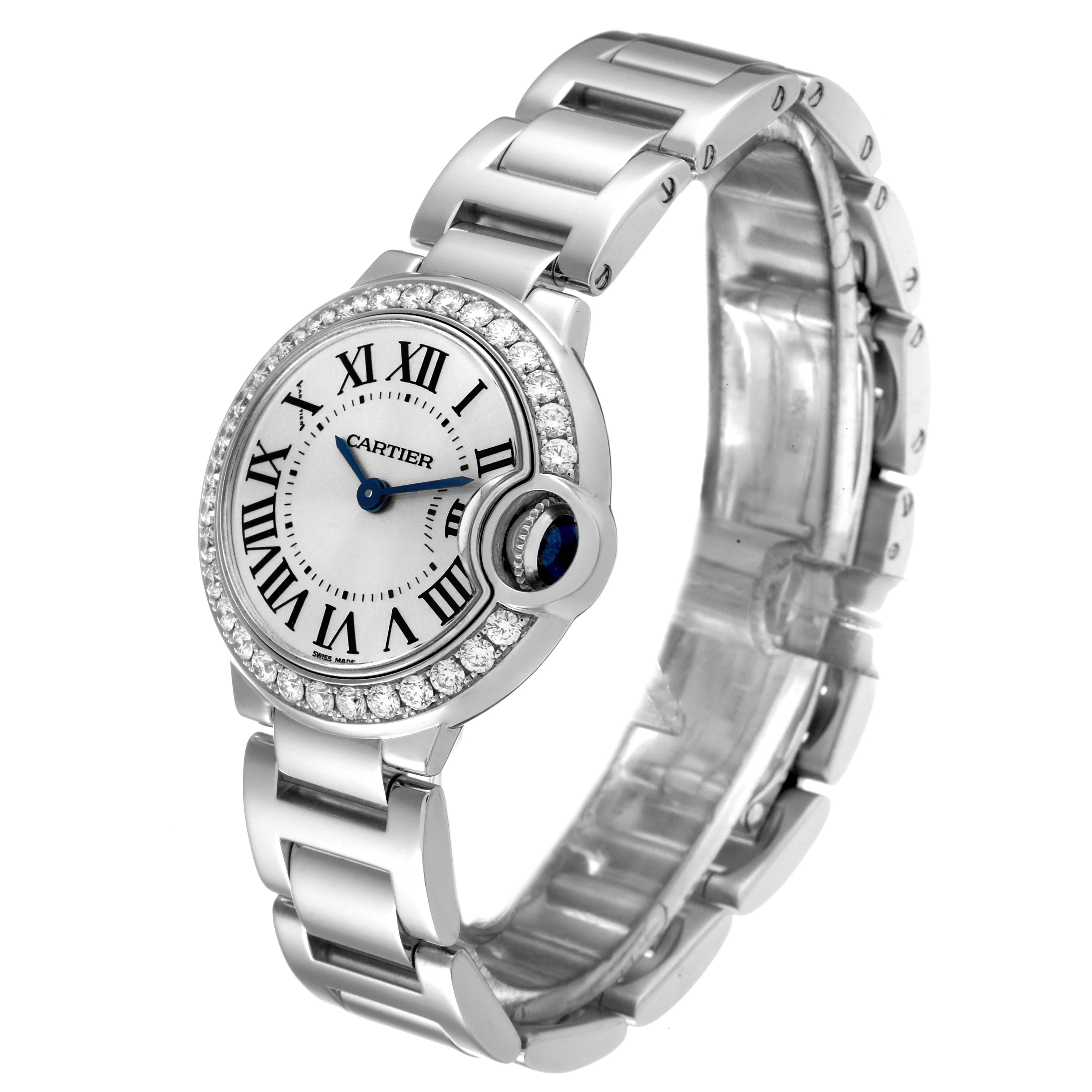The Cartier Ballon Bleu WE9003Z3 Women's White Gold Silver Dial WE9003Z3 Women's White Gold Silver Dial watch is shown at a three-quarter angle, displaying the face, bracelet, and the bejeweled bezel.