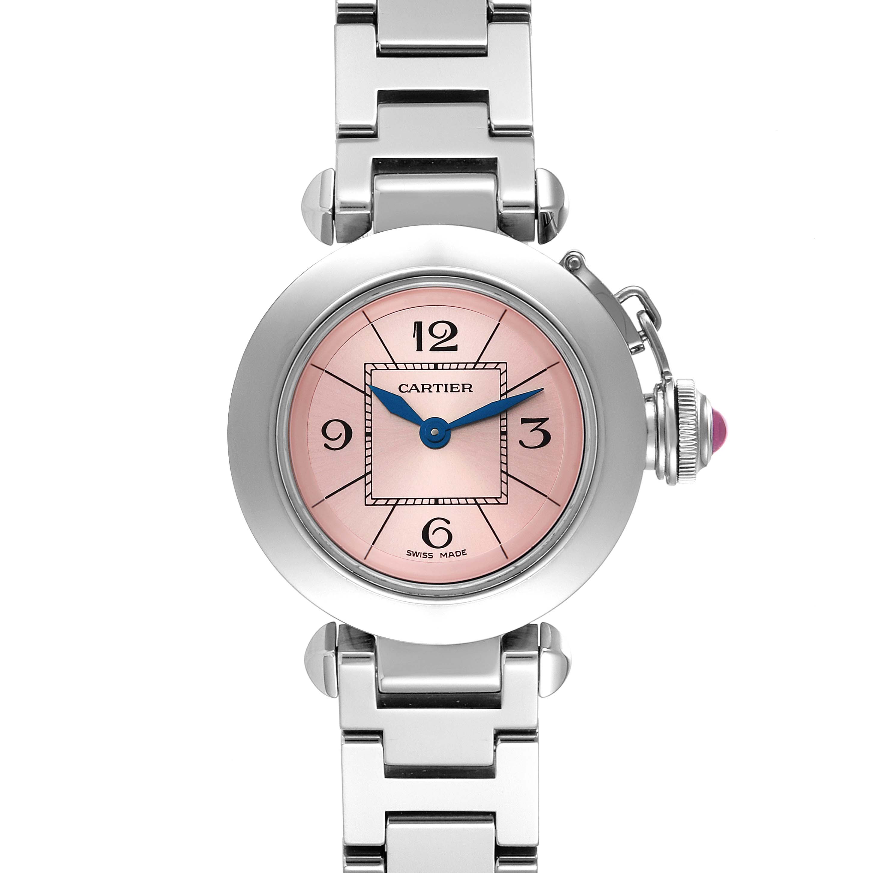 This image shows a frontal view of a Cartier Pasha W3140008 Women's Stainless Steel Pink Dial W3140008 Women's Stainless Steel Pink Dial watch, highlighting its pink dial and stainless steel bracelet.