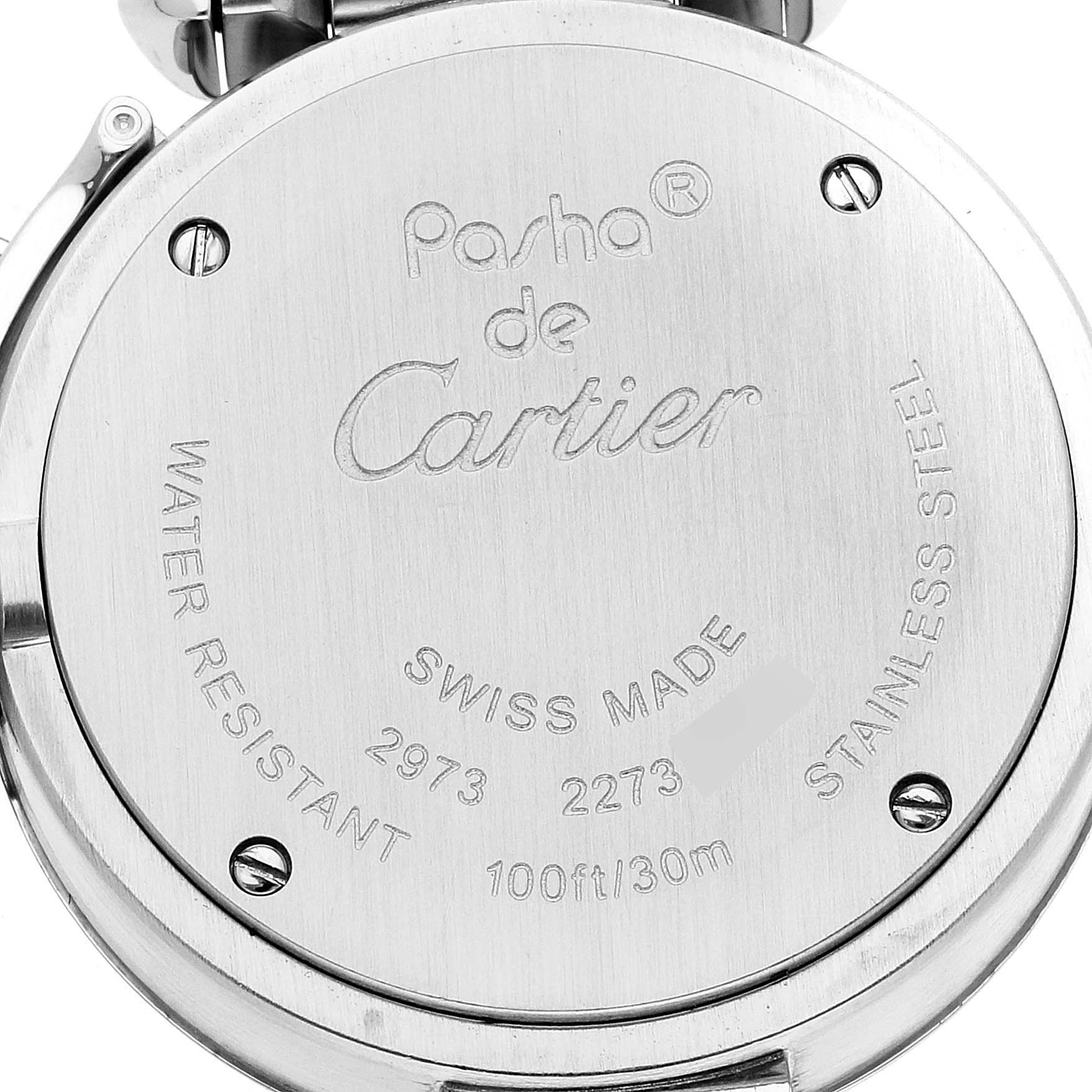 The image shows the back cover of the Cartier Pasha W3140008 Women's Stainless Steel Pink Dial W3140008 Women's Stainless Steel Pink Dial watch with its engravings and details.