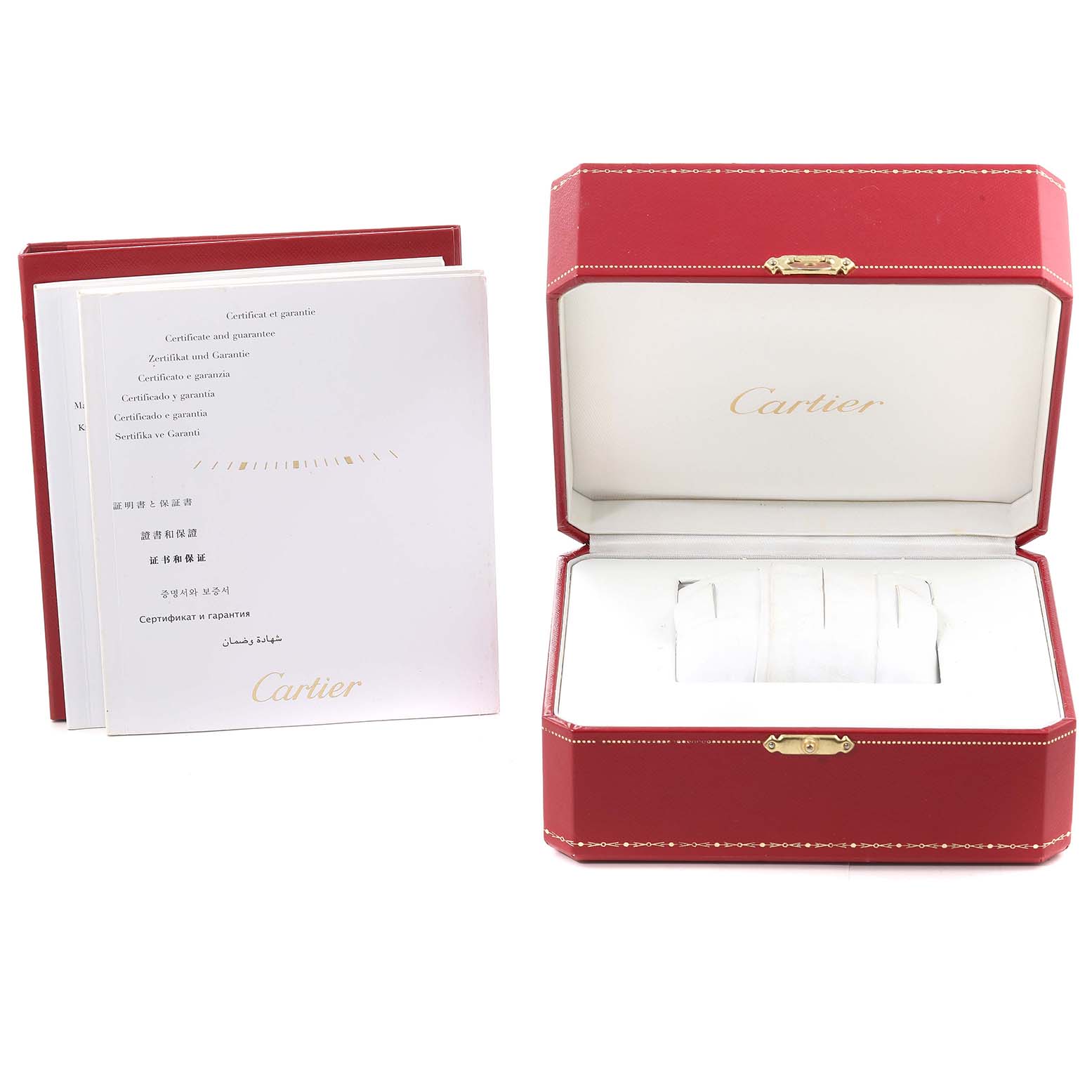 The image shows the Pasha model watch box by Cartier, along with the accompanying certificate and warranty booklet.