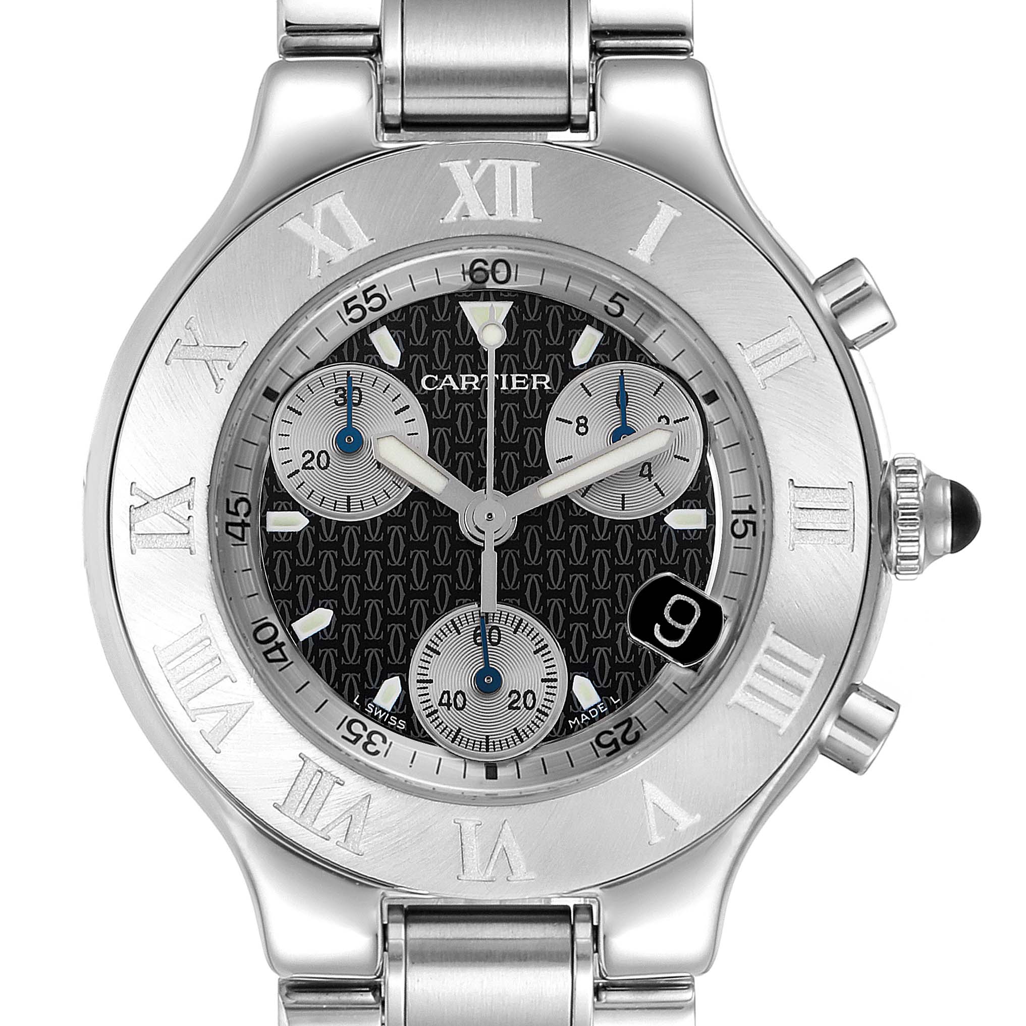 This is a close-up front view of the Cartier Must 21 Chronoscaph W10172T2 Men's Stainless Steel Black Dial W10172T2 Men's Stainless Steel Black Dial watch showing its face, bezel, and bracelet attachment.