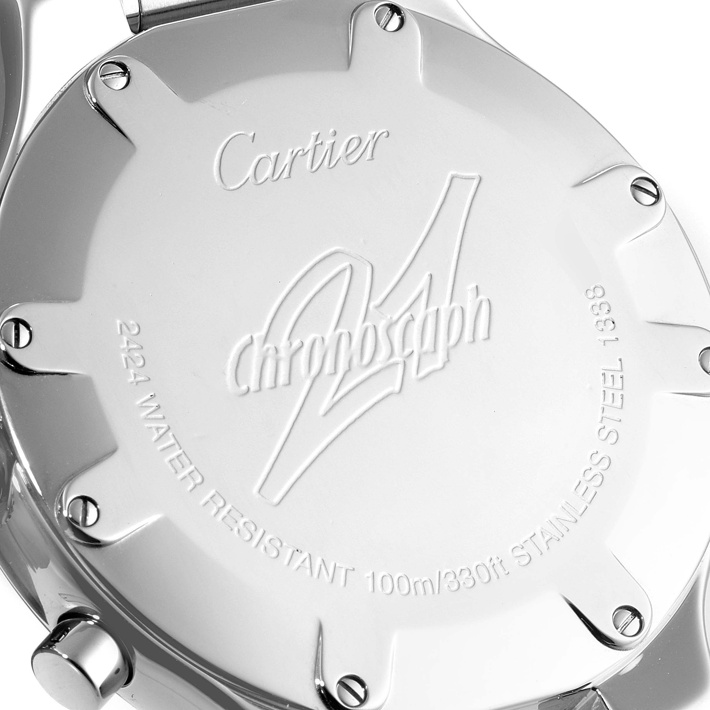 The image shows the back casing of a Cartier Must 21 Chronoscaph W10172T2 Men's Stainless Steel Black Dial W10172T2 Men's Stainless Steel Black Dial watch with branding and specifications engraved.