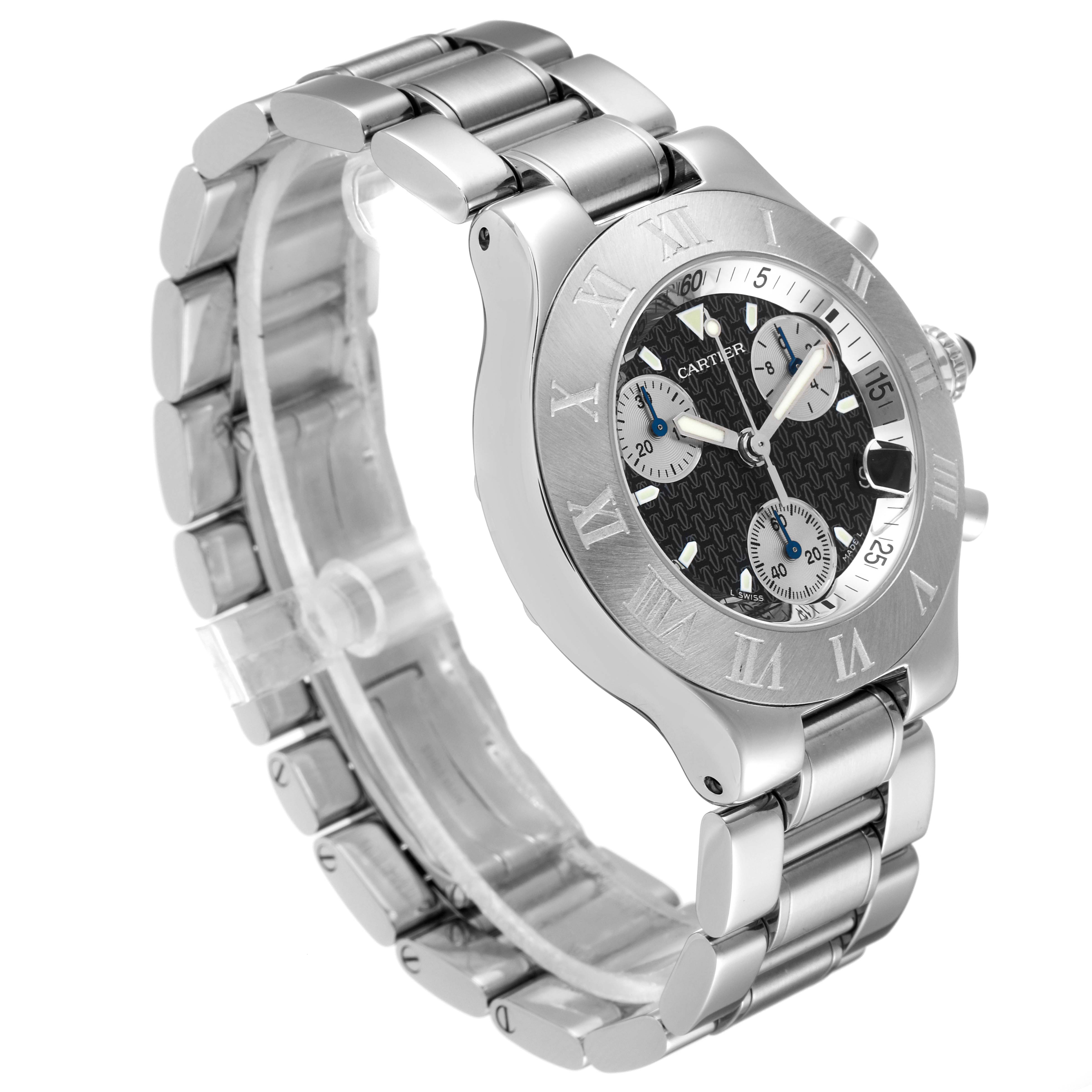 The image shows a side angle of a Cartier Must 21 Chronoscaph W10172T2 Men's Stainless Steel Black Dial W10172T2 Men's Stainless Steel Black Dial watch, displaying its face, bezel, and bracelet.