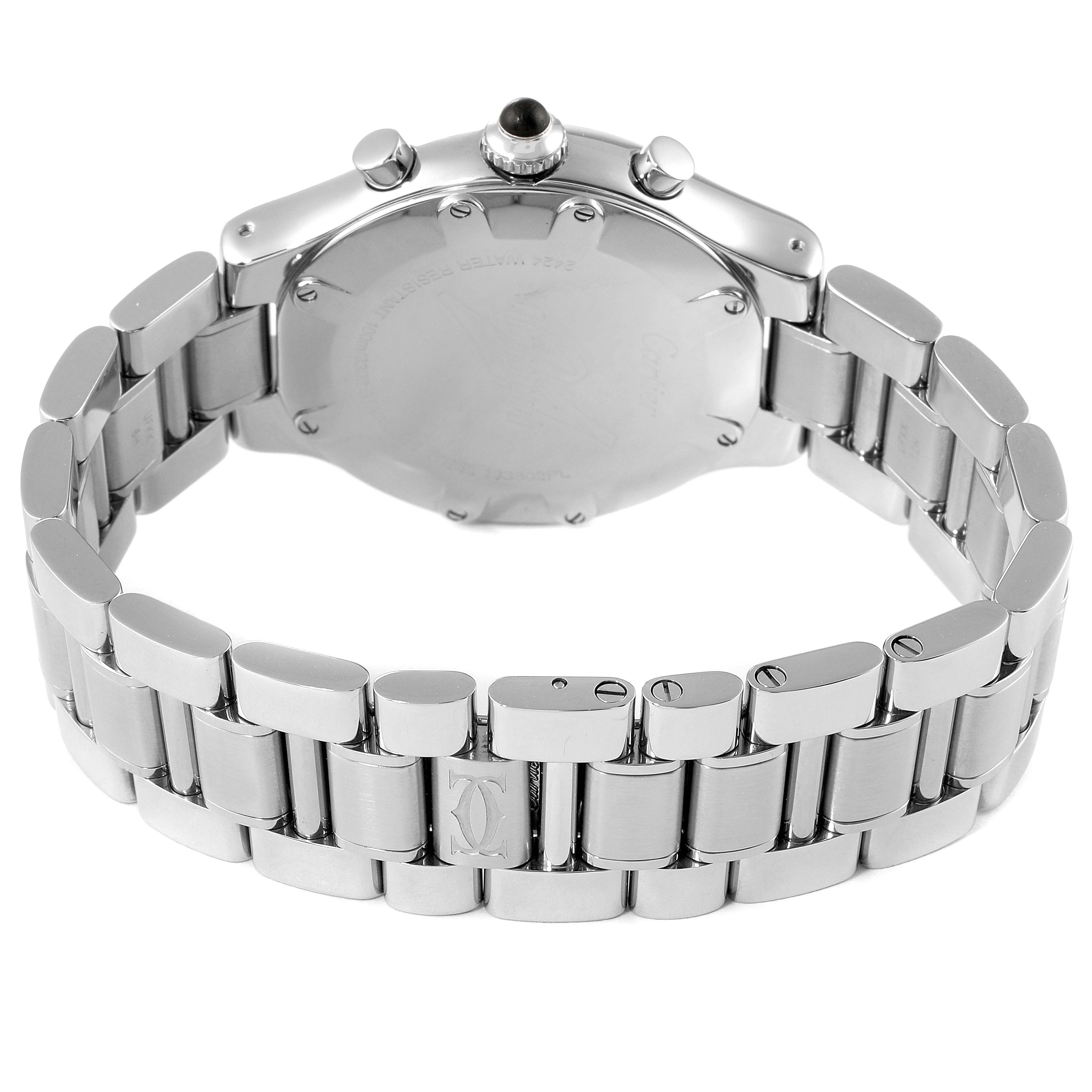 The image shows the back view of the Cartier Must 21 Chronoscaph W10172T2 Men's Stainless Steel Black Dial W10172T2 Men's Stainless Steel Black Dial watch, highlighting its metal bracelet and clasp.