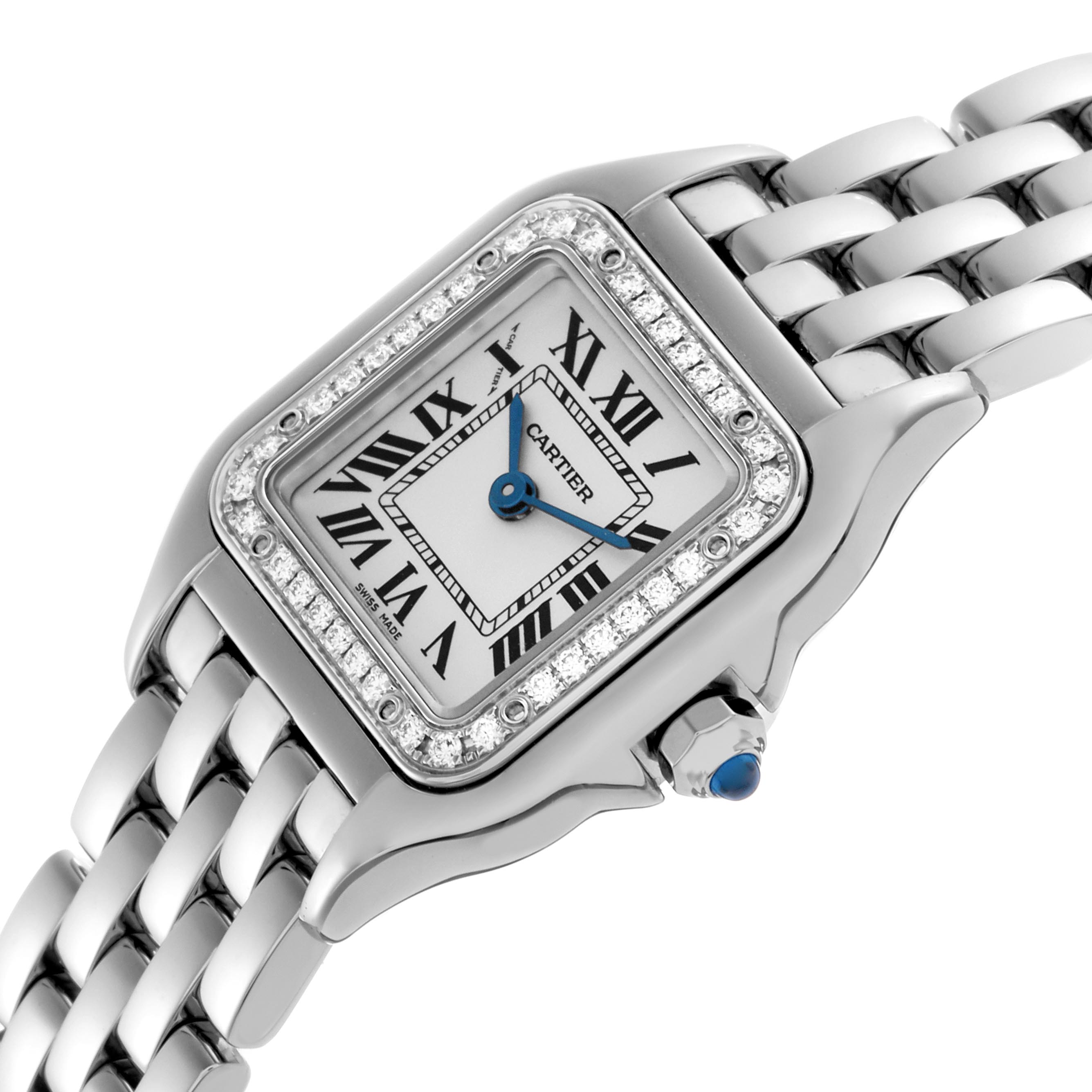 The Cartier Panthere W4PN0007 Women
s Stainless Steel White Dial W4PN0007 Women
s Stainless Steel White Dial watch is shown from an angled top view, highlighting its square face, diamond bezel, and link bracelet.