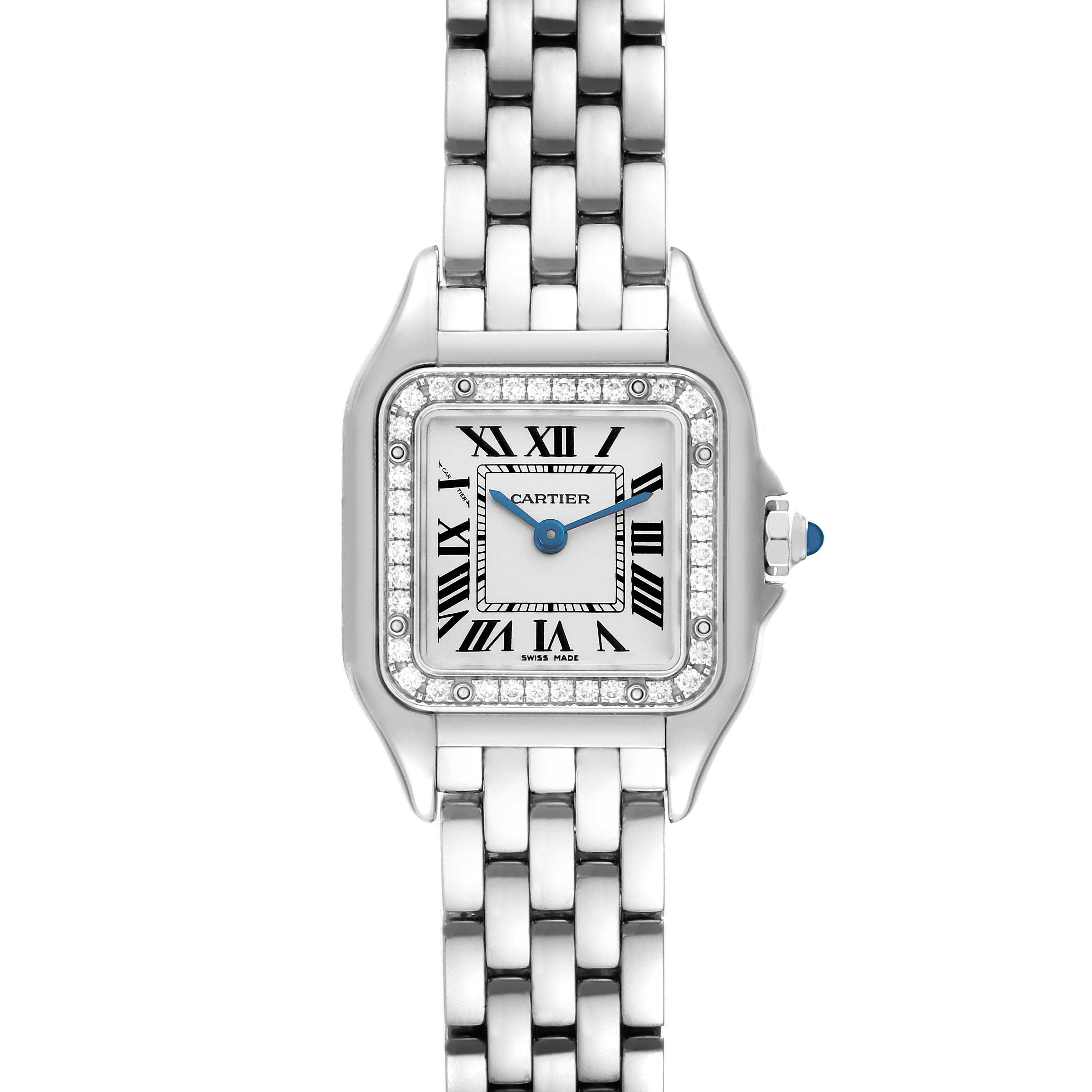 The image shows a Cartier Panthere W4PN0007 Women
s Stainless Steel White Dial W4PN0007 Women
s Stainless Steel White Dial watch from a top view, highlighting the face, bezel, and bracelet.