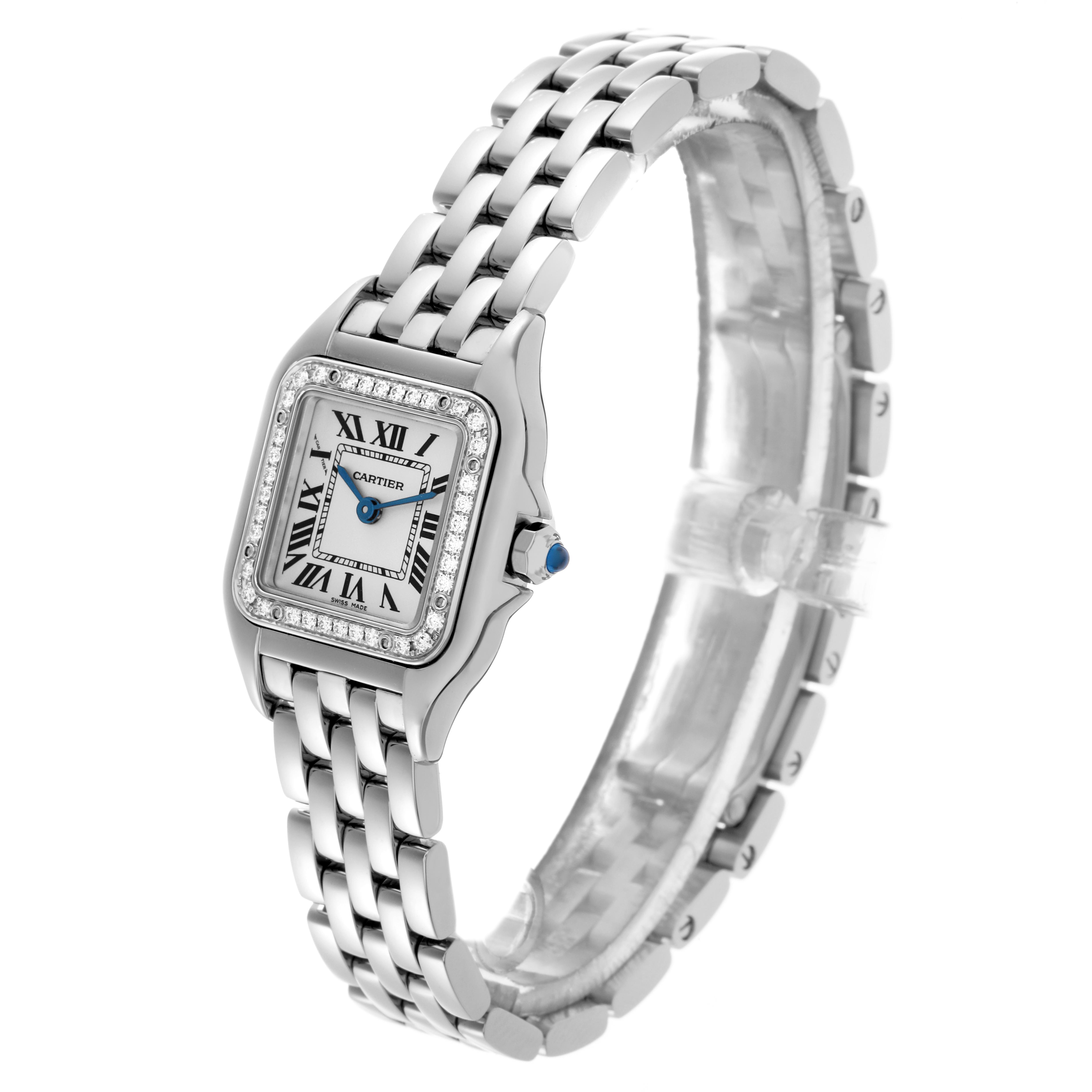 The Cartier Panthère watch is shown at an angled view highlighting the face, bracelet, and side profile.