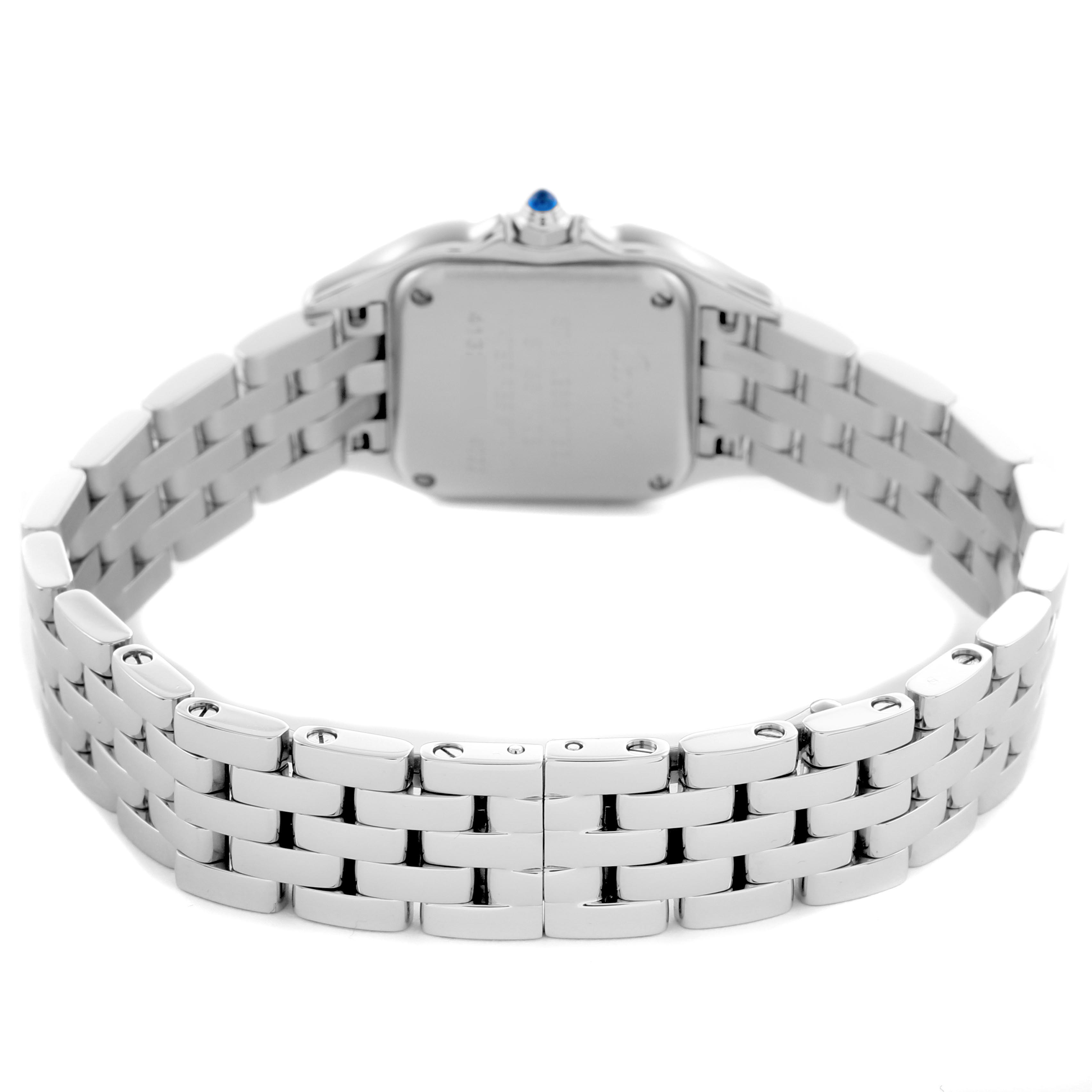 The Cartier Panthere W4PN0007 Women
s Stainless Steel White Dial W4PN0007 Women
s Stainless Steel White Dial watch is shown from the back, highlighting the bracelet and case back.