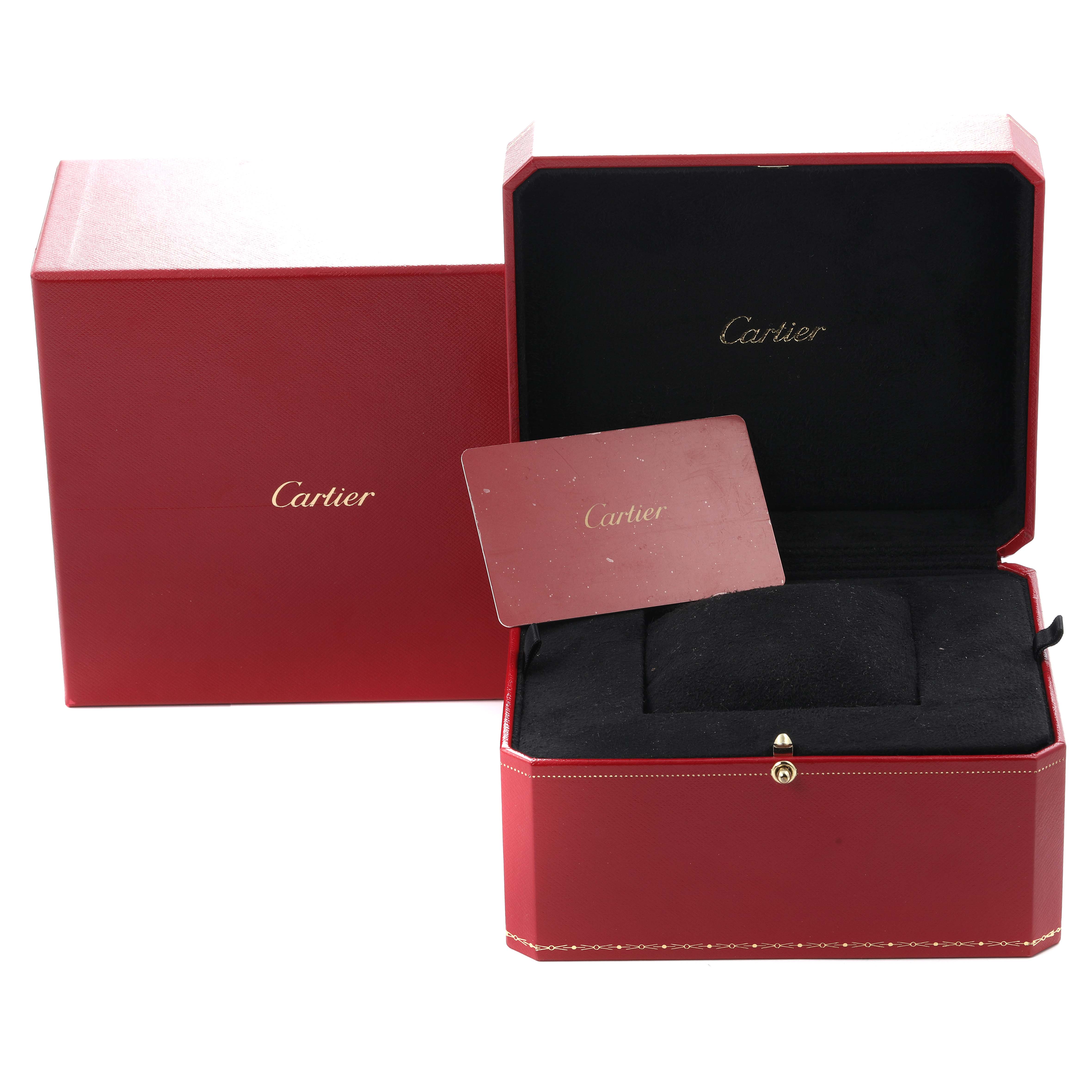 The image shows a Cartier Panthère model W4PN0007 watch box open with a Cartier card, situated at a slightly elevated angle.