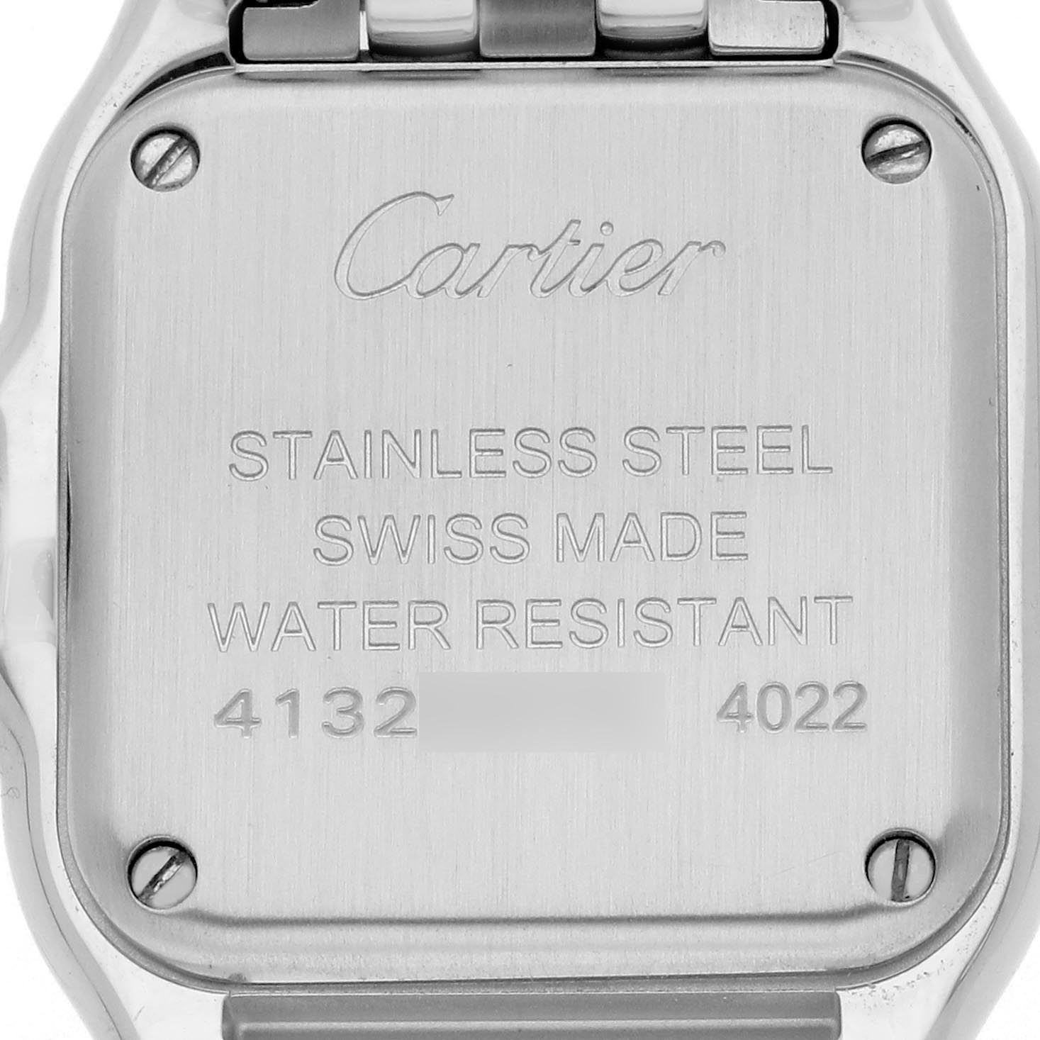 The image shows the back case of a Cartier Panthere W4PN0007 Women
s Stainless Steel White Dial W4PN0007 Women
s Stainless Steel White Dial watch, highlighting the brand engraving and specifications.