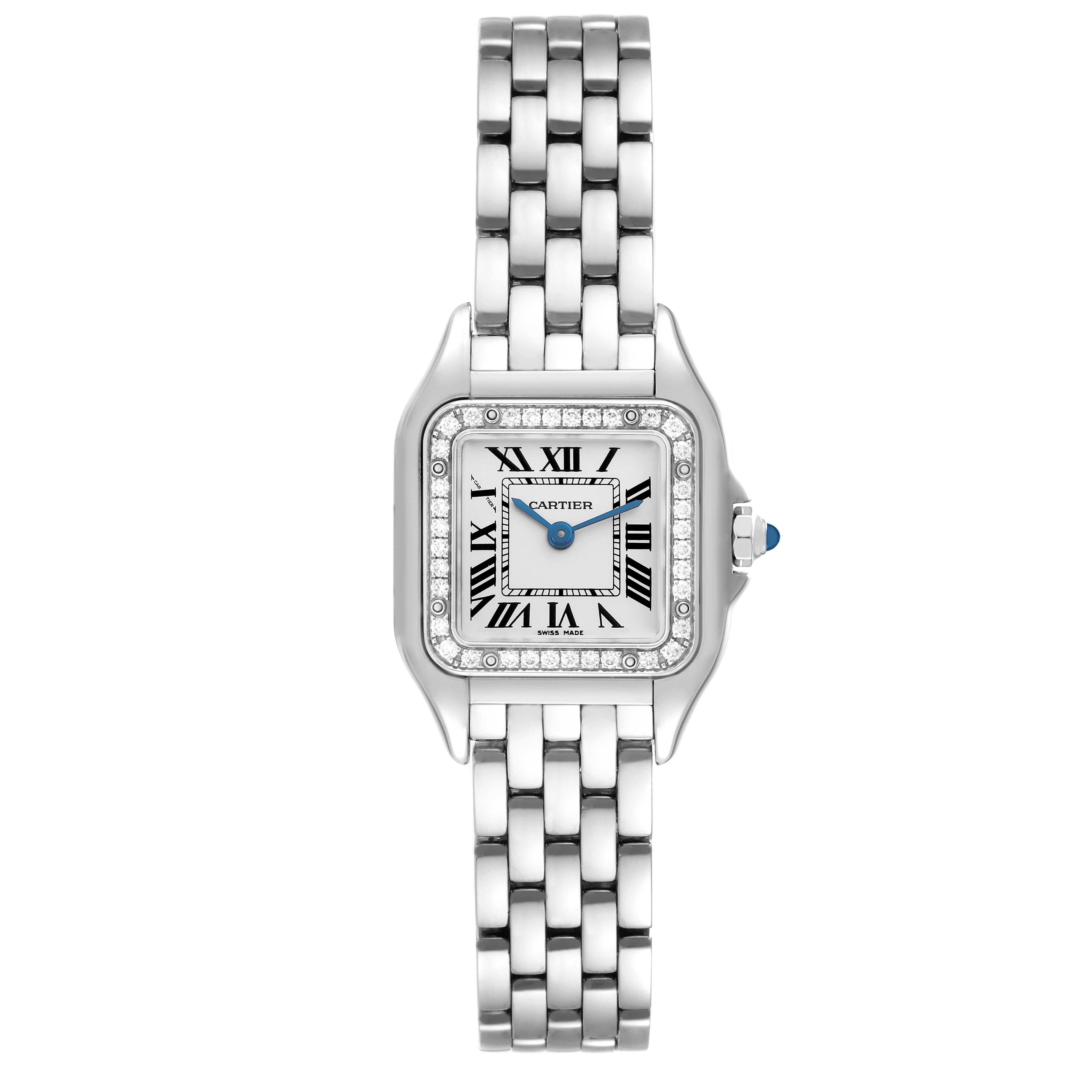 The Cartier Panthere W4PN0007 Women
s Stainless Steel White Dial W4PN0007 Women
s Stainless Steel White Dial watch is shown from the front, displaying the face, bezel, and part of the bracelet.