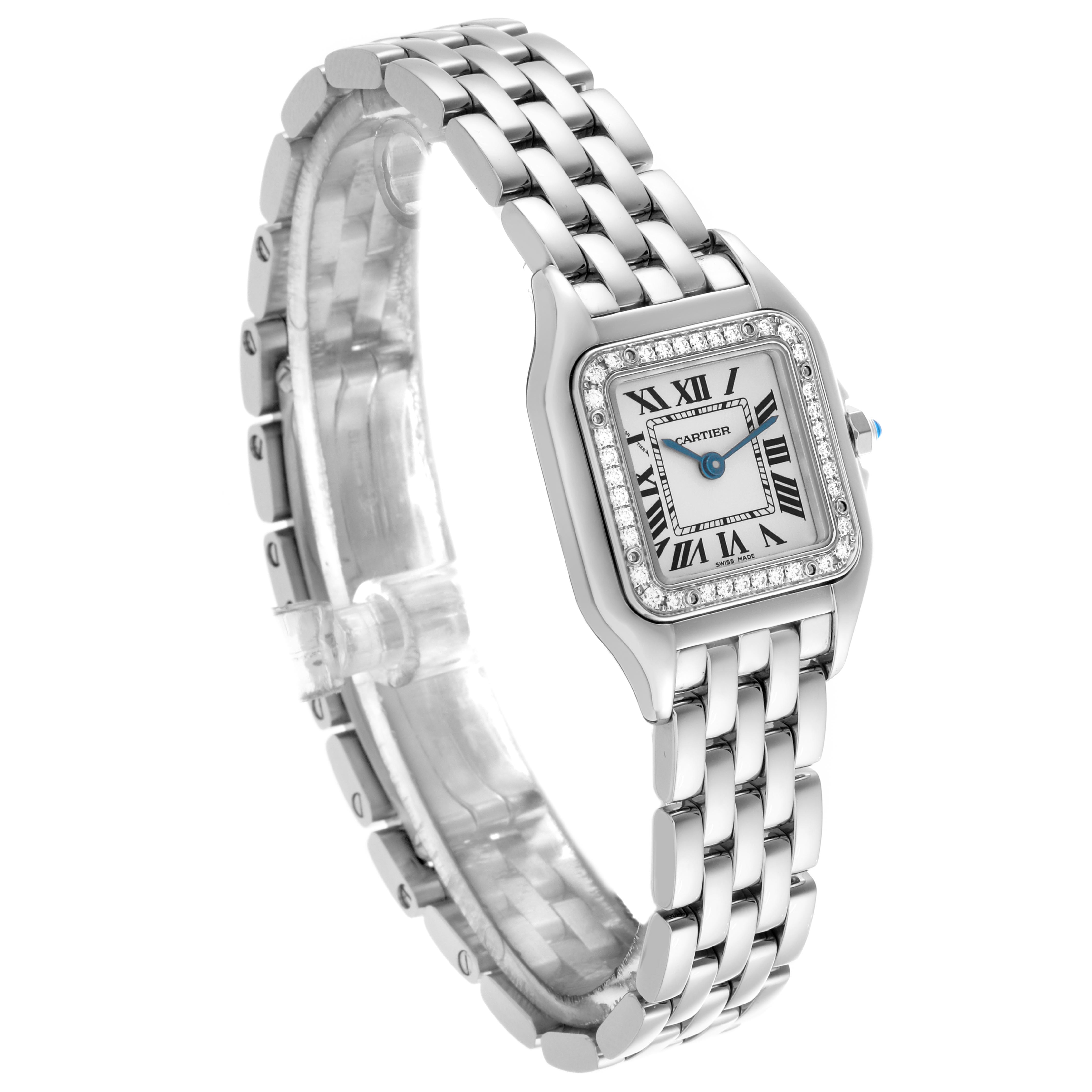 The Cartier Panthere W4PN0007 Women
s Stainless Steel White Dial W4PN0007 Women
s Stainless Steel White Dial watch is shown at an angled view, highlighting the face, bracelet, and side profile.