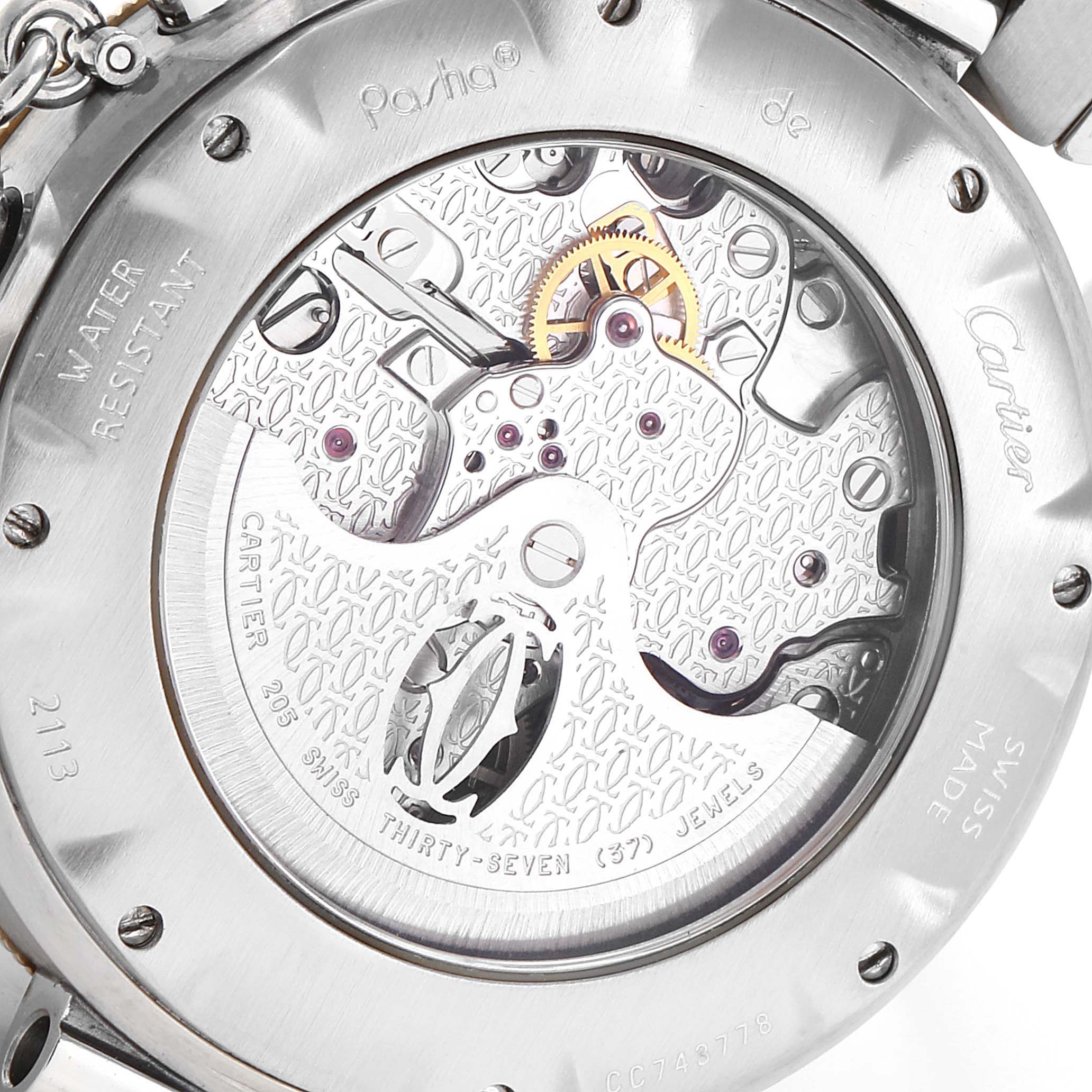 The image shows the back view of the Cartier Pasha W31036T6 Men's Steel and Gold (two tone) Silver Dial W31036T6 Men's Steel and Gold (two tone) Silver Dial watch, revealing its intricate mechanical movement.