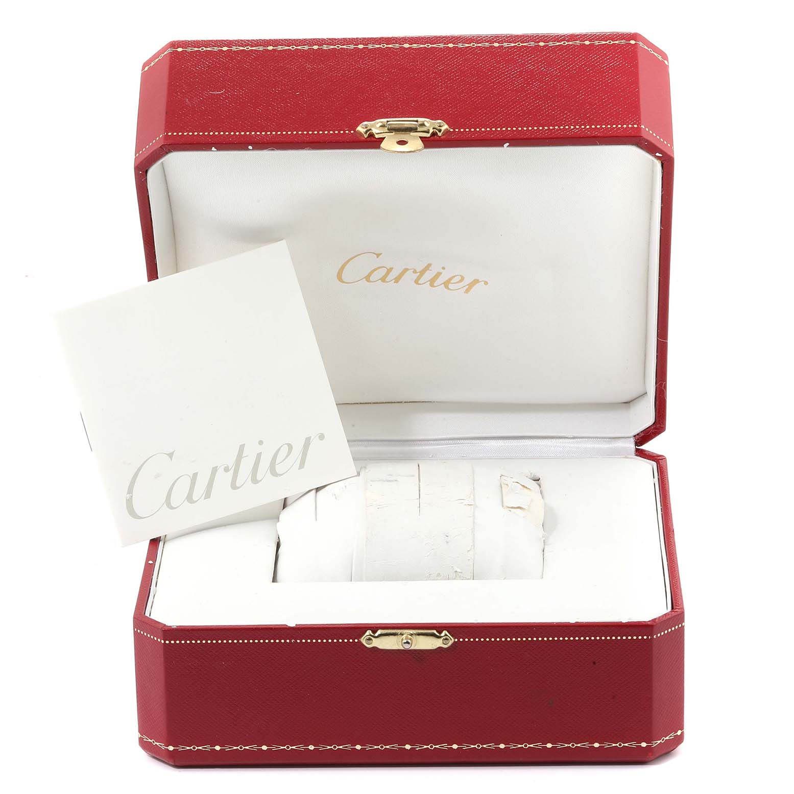 The image shows an open Cartier Pasha W31036T6 Men's Steel and Gold (two tone) Silver Dial W31036T6 Men's Steel and Gold (two tone) Silver Dial watch box with a Cartier booklet inside.