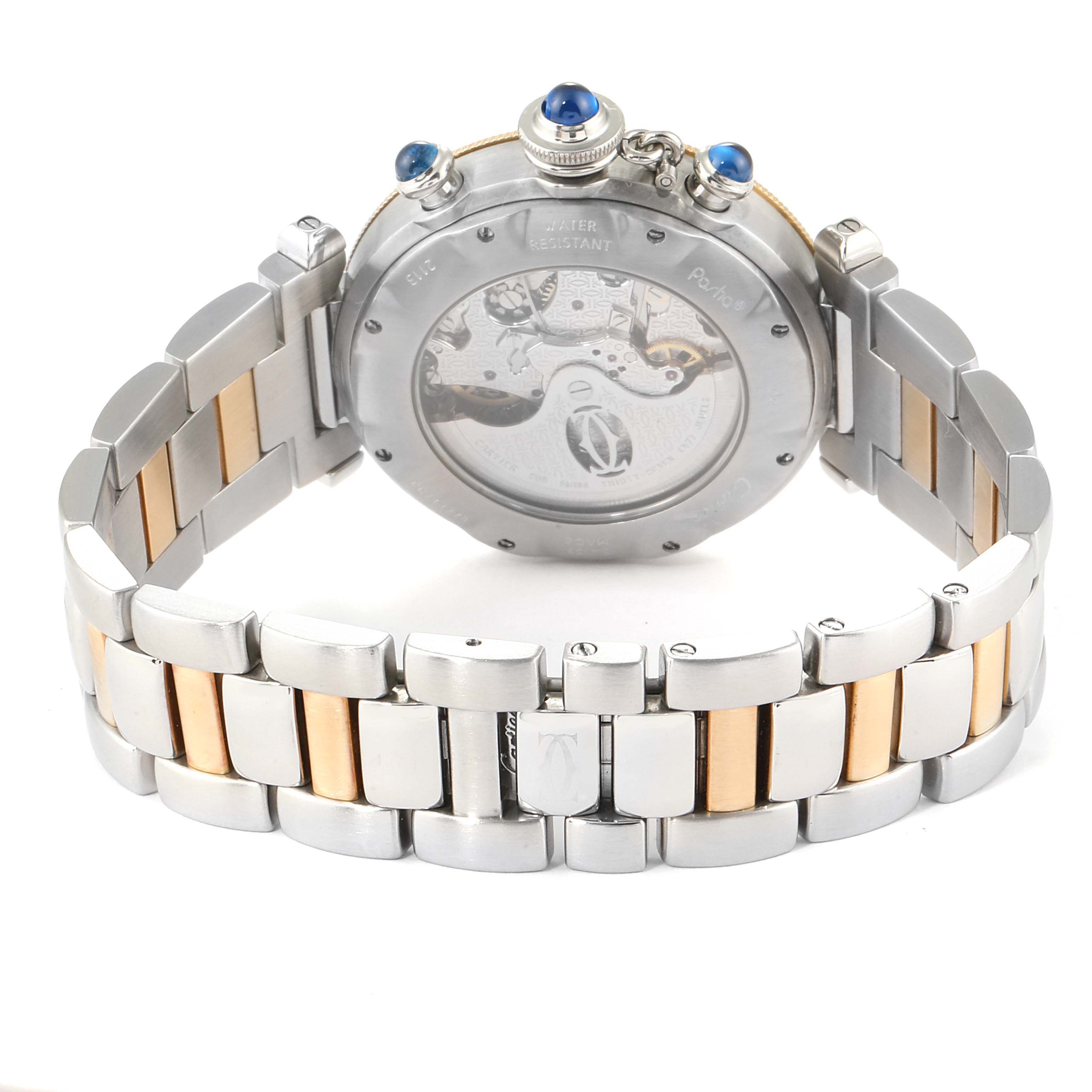 This image shows the back view of the Cartier Pasha W31036T6 Men's Steel and Gold (two tone) Silver Dial W31036T6 Men's Steel and Gold (two tone) Silver Dial watch, highlighting its bracelet and transparent case back.