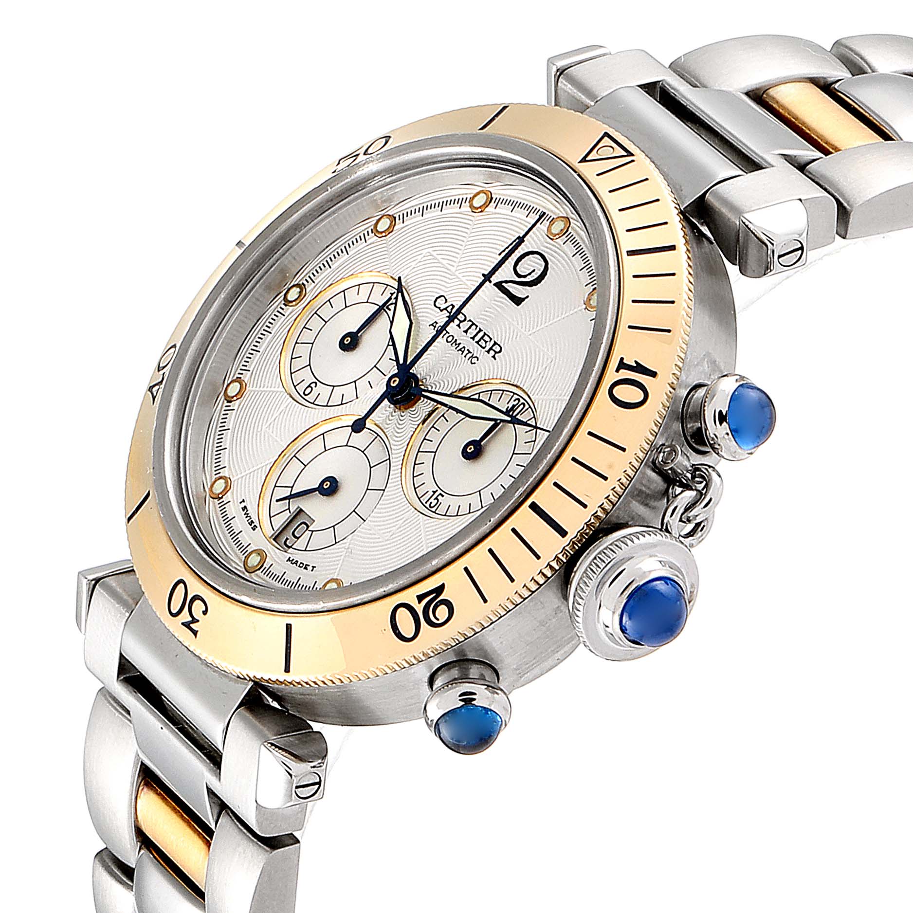 This image displays a Cartier Pasha W31036T6 Men's Steel and Gold (two tone) Silver Dial W31036T6 Men's Steel and Gold (two tone) Silver Dial watch at an angle, showing its dial, bezel, band, subdials, and blue cabochon crown.