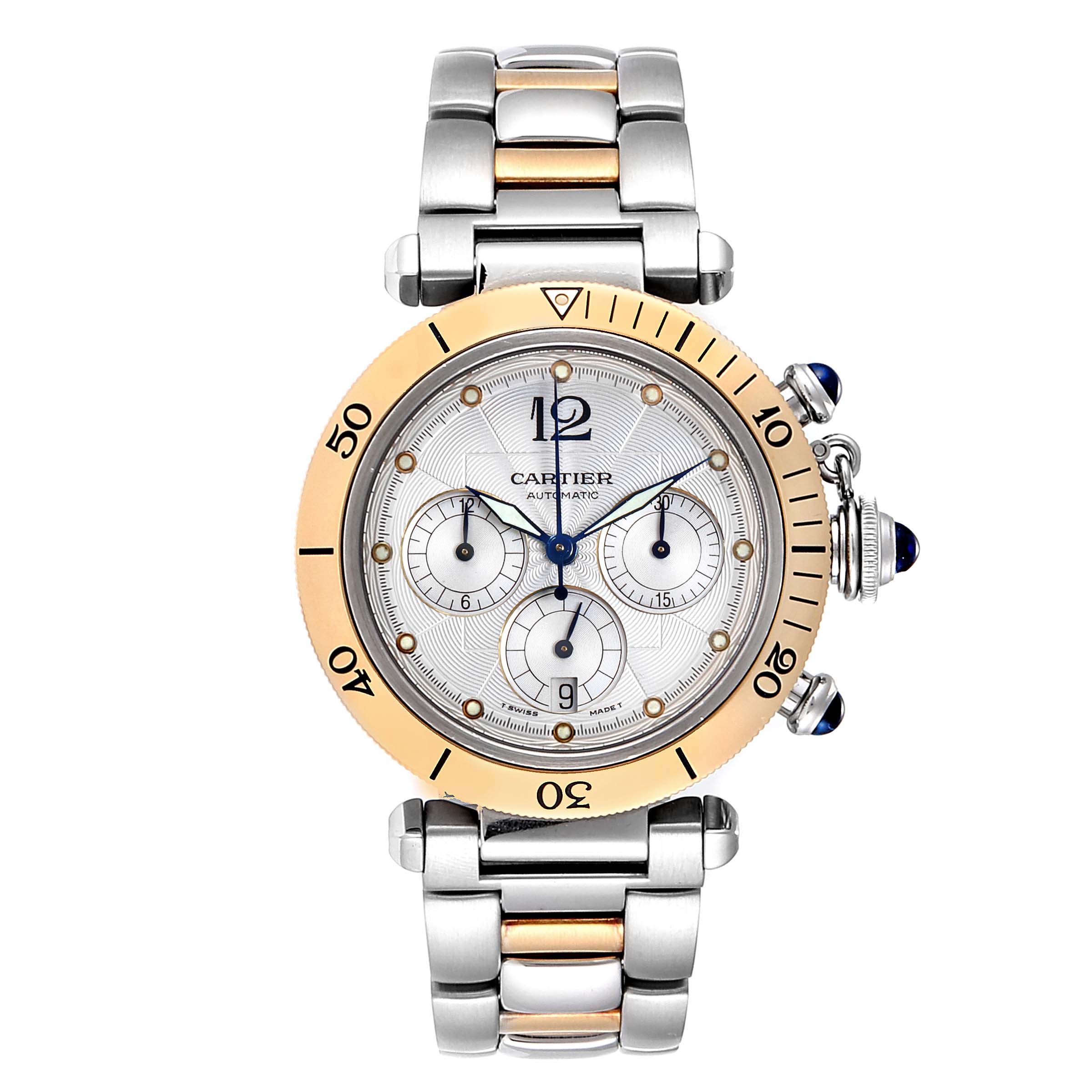 The image shows a Cartier Pasha W31036T6 Men's Steel and Gold (two tone) Silver Dial W31036T6 Men's Steel and Gold (two tone) Silver Dial watch from a top-down angle, highlighting the face, bezel, and bracelet.