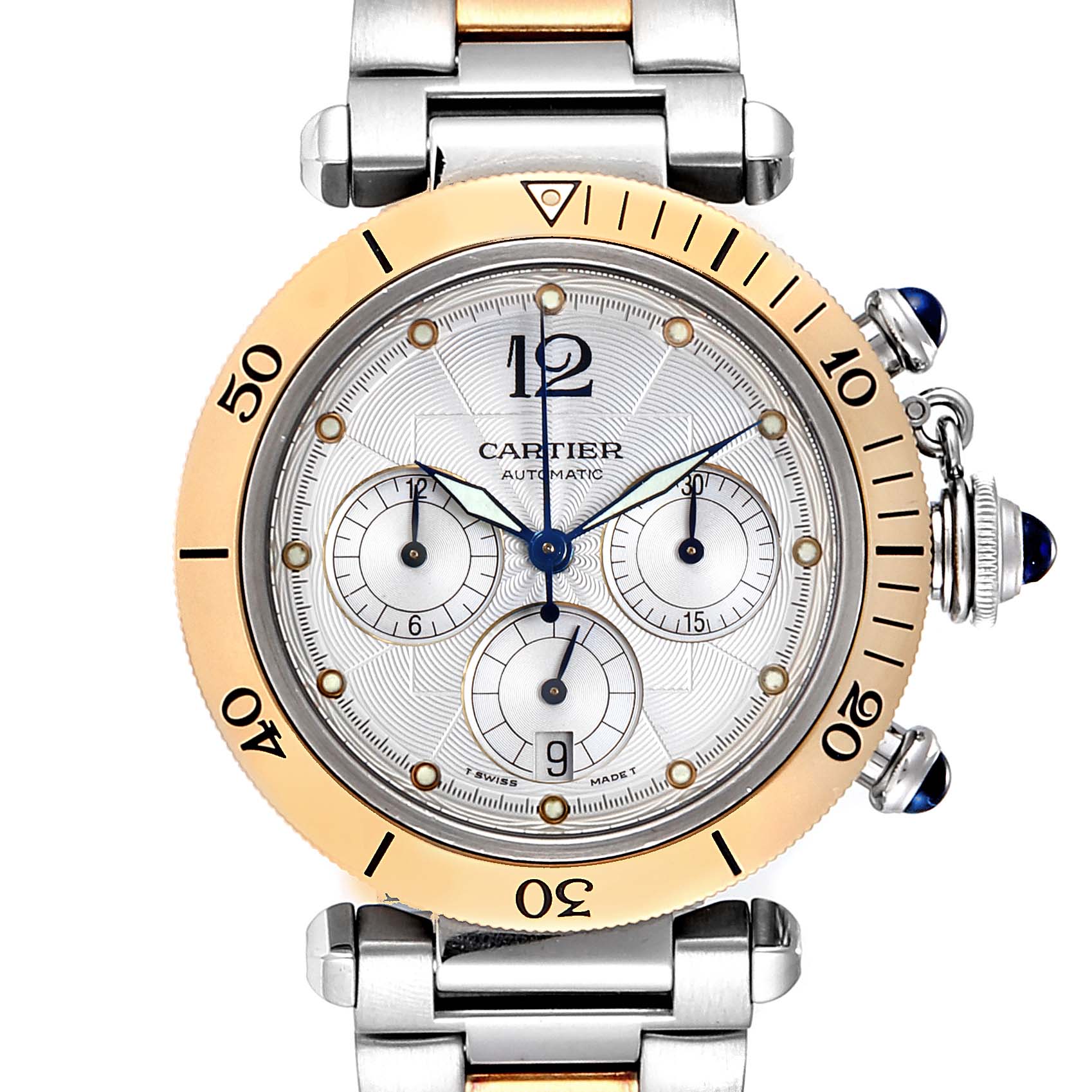 The image shows a front view of the Cartier Pasha W31036T6 Men's Steel and Gold (two tone) Silver Dial W31036T6 Men's Steel and Gold (two tone) Silver Dial model watch, highlighting its face, bezel, and part of the bracelet.