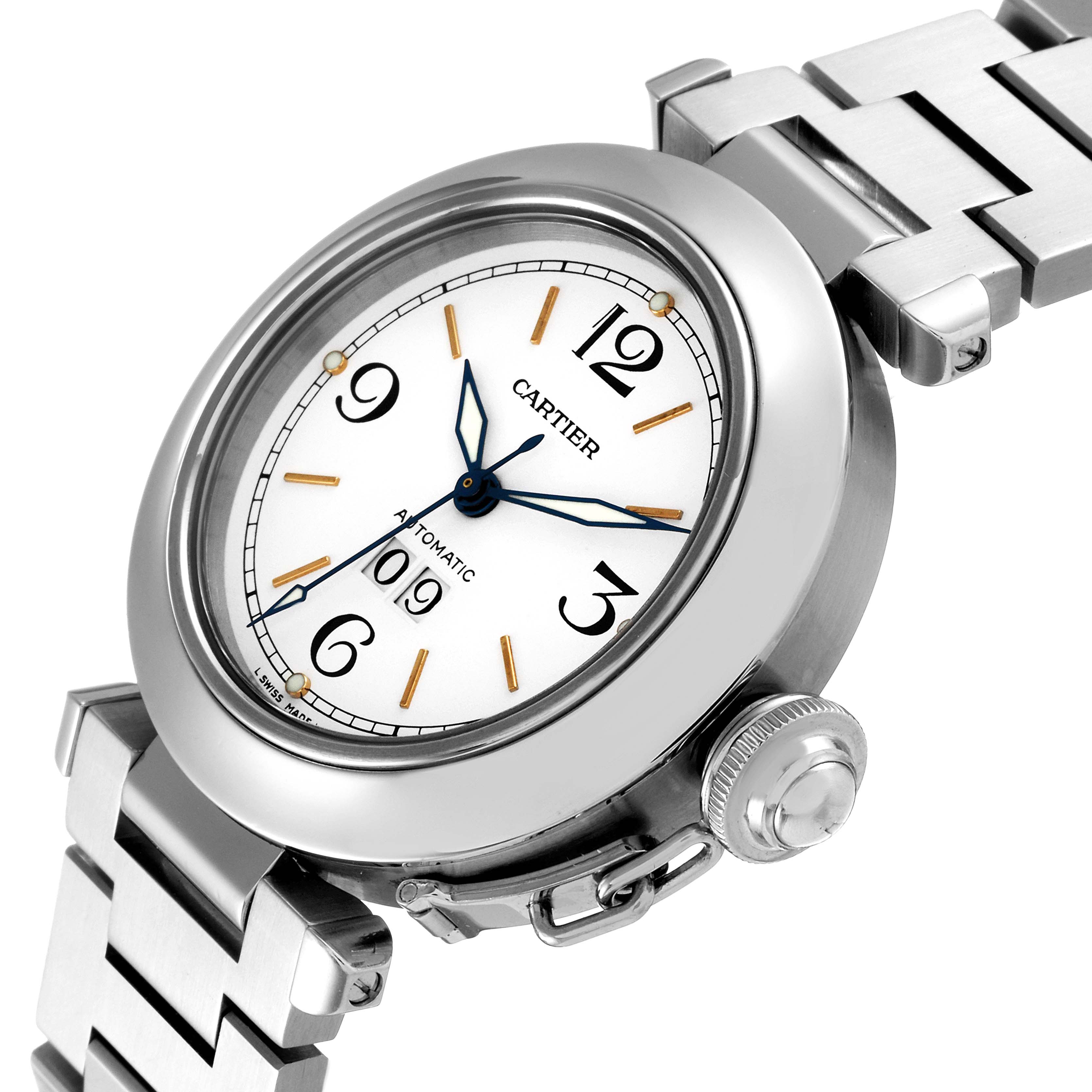 The Cartier Pasha W31044M7 Men's Stainless Steel White Dial W31044M7 Men's Stainless Steel White Dial watch is shown from an angled side view, displaying the face, bezel, and part of the bracelet.