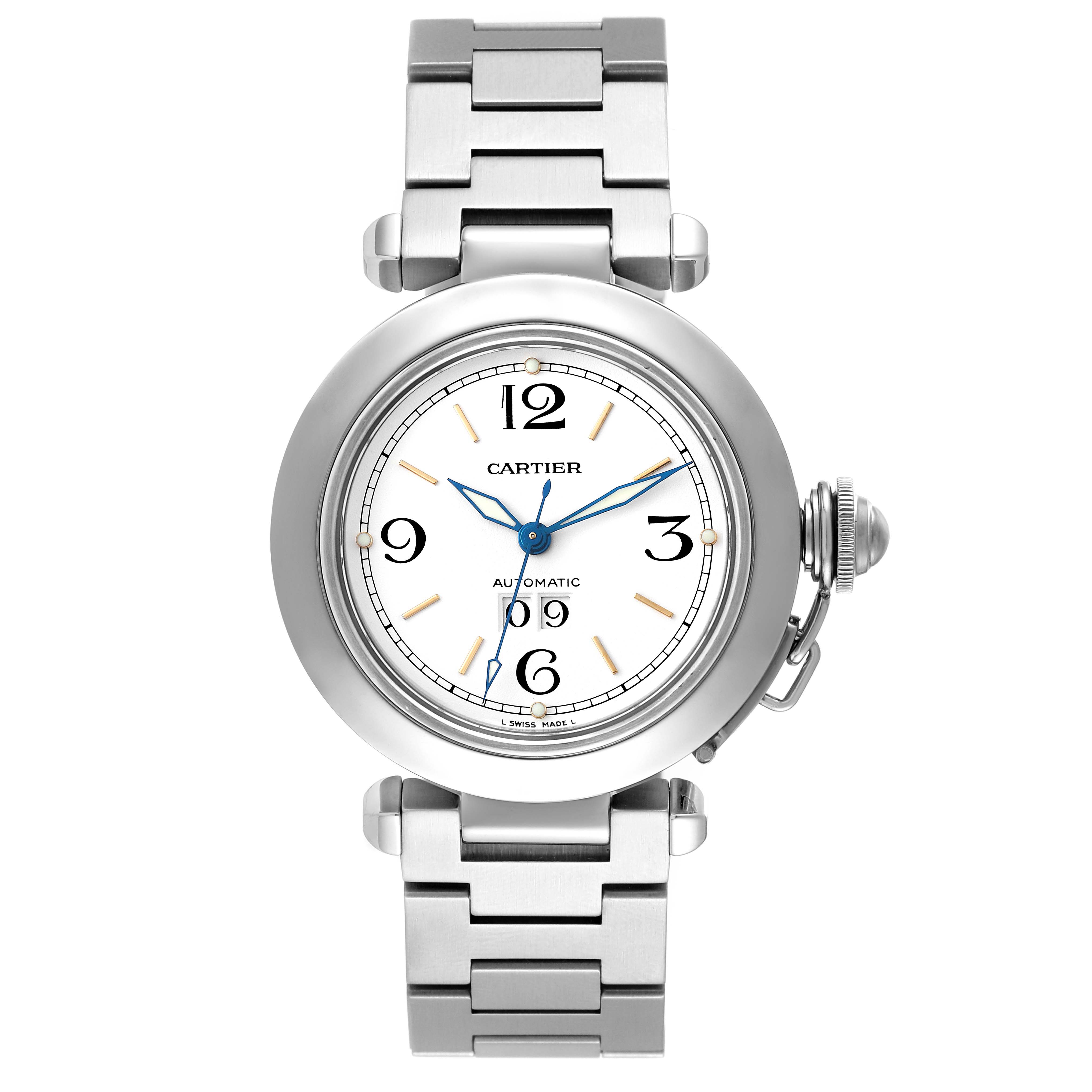 The image shows a front view of a Cartier Pasha W31044M7 Men's Stainless Steel White Dial W31044M7 Men's Stainless Steel White Dial watch, showcasing its face, hands, numbers, and metal bracelet.