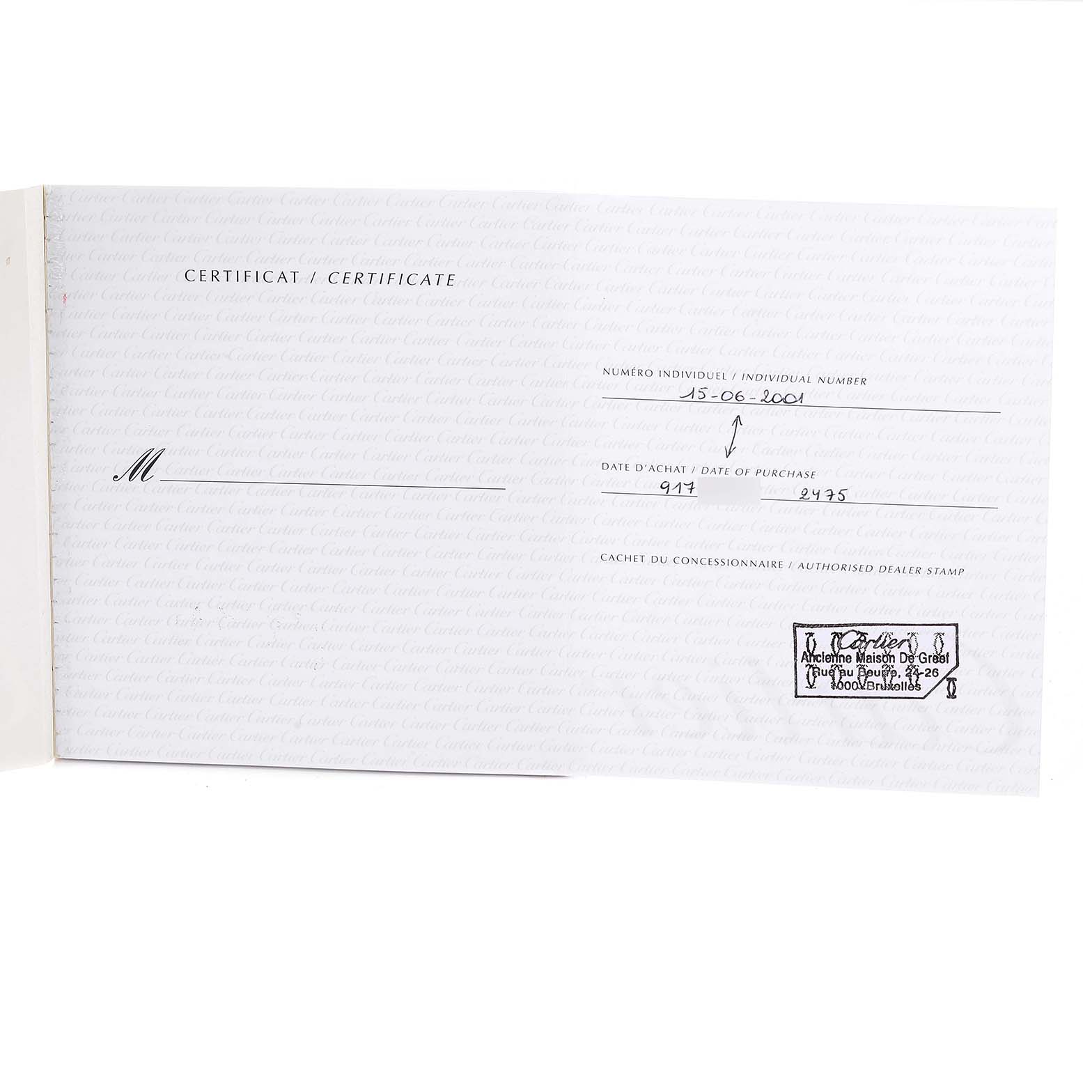 The image shows a certificate for the Pasha model by Cartier, detailing the purchase date and dealer stamp.