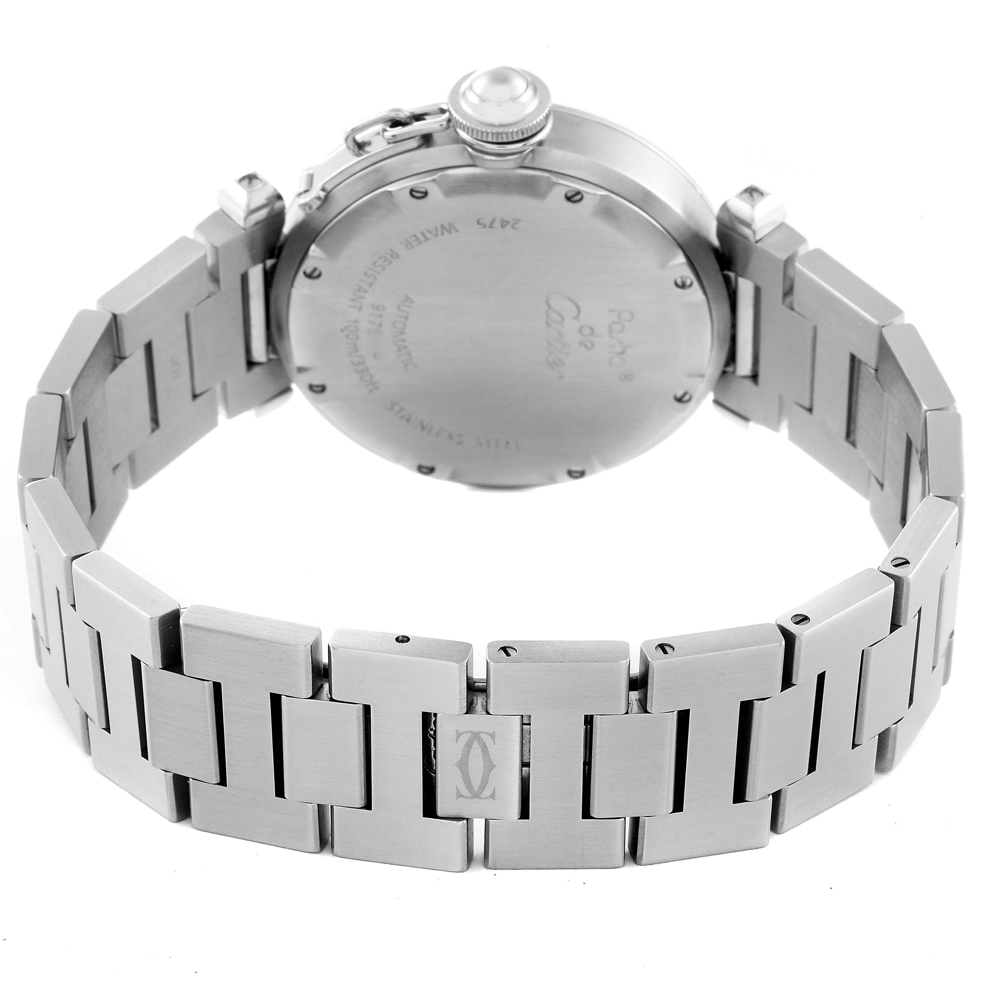 The image shows the back and bracelet of a Cartier Pasha W31044M7 Men's Stainless Steel White Dial W31044M7 Men's Stainless Steel White Dial watch from an angled view.