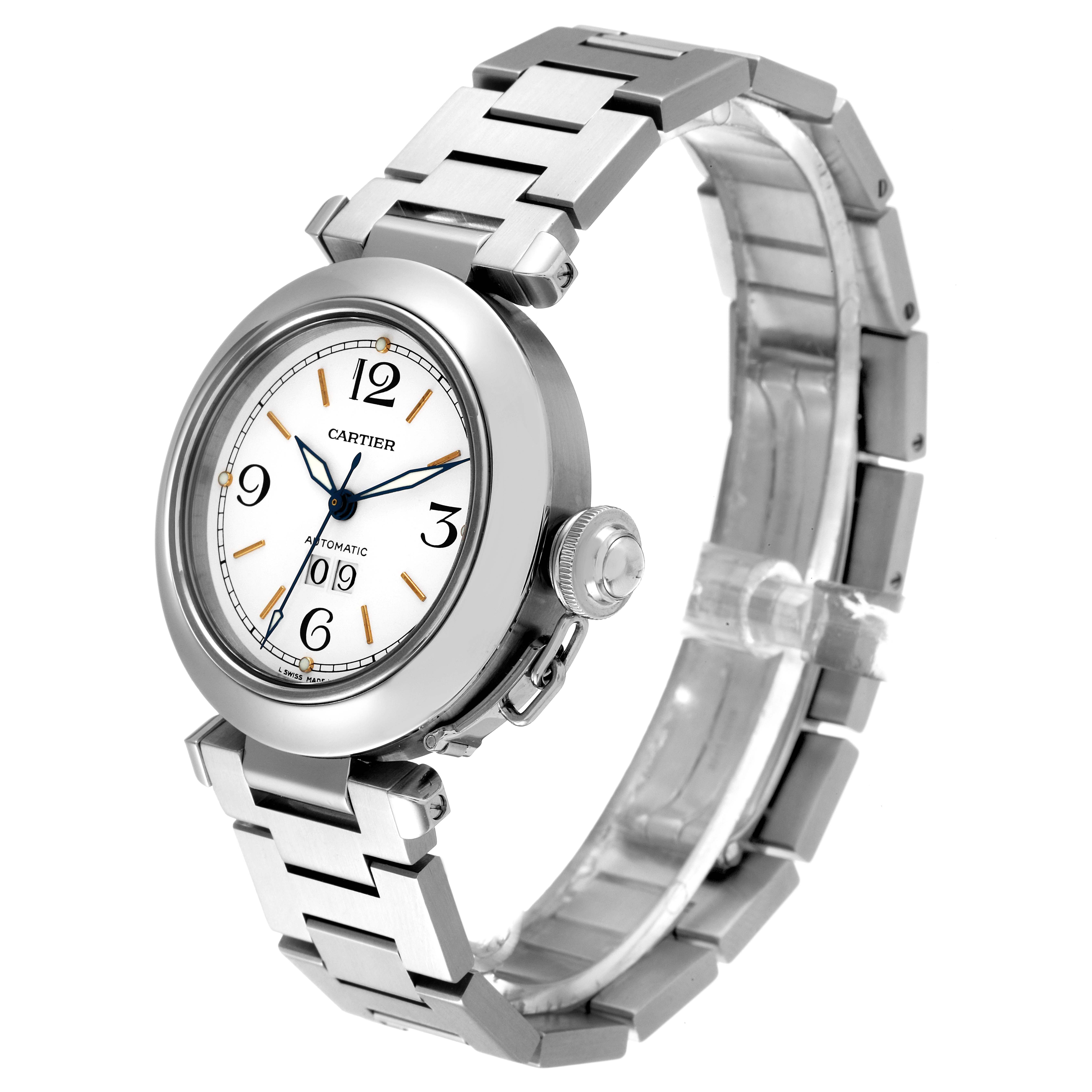 The image shows a Cartier Pasha W31044M7 Men's Stainless Steel White Dial W31044M7 Men's Stainless Steel White Dial watch at an oblique angle, highlighting the dial, bezel, crown, and metal bracelet.