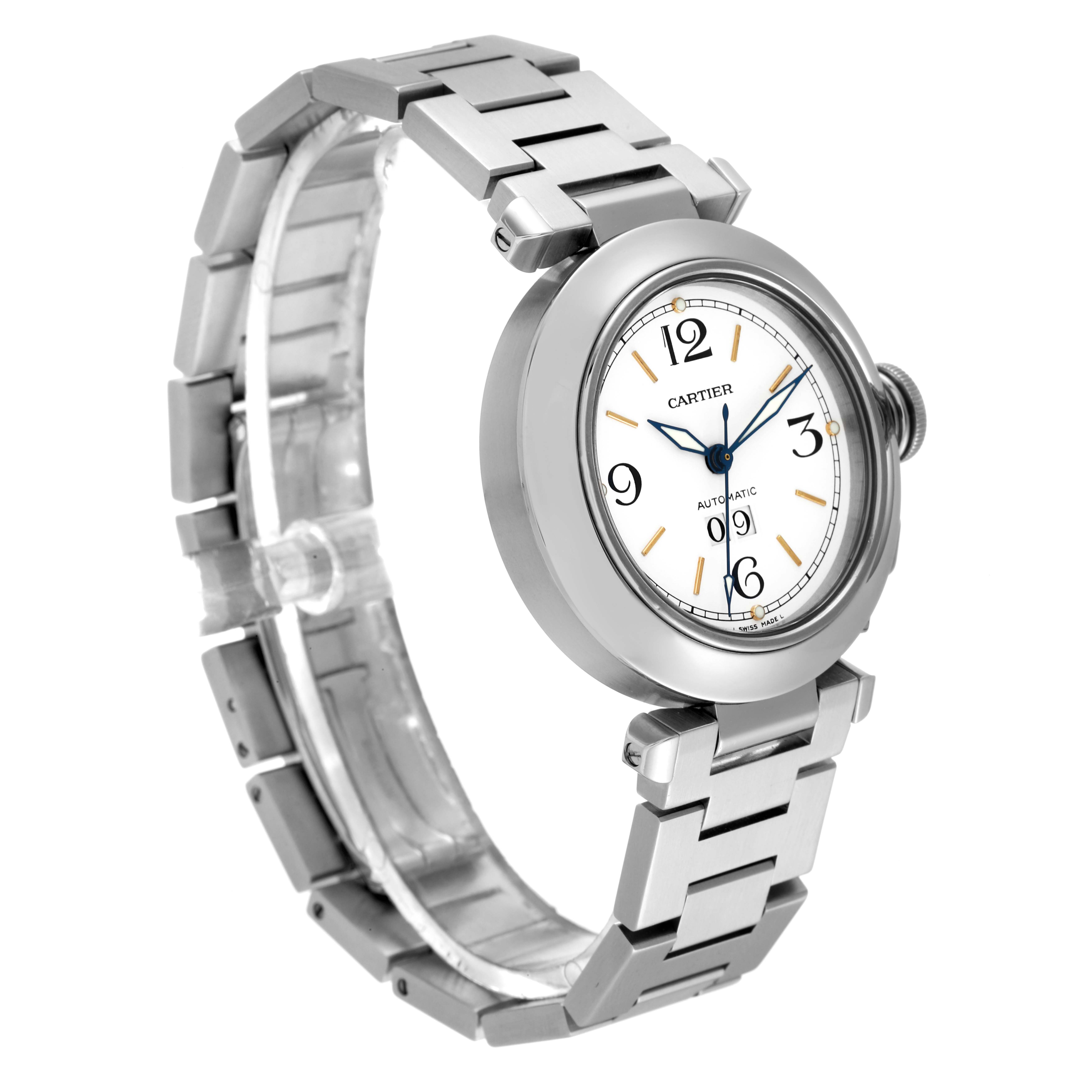 This image shows a Cartier Pasha W31044M7 Men's Stainless Steel White Dial W31044M7 Men's Stainless Steel White Dial watch with a metallic bracelet, viewed at a slight angle to display both face and band.