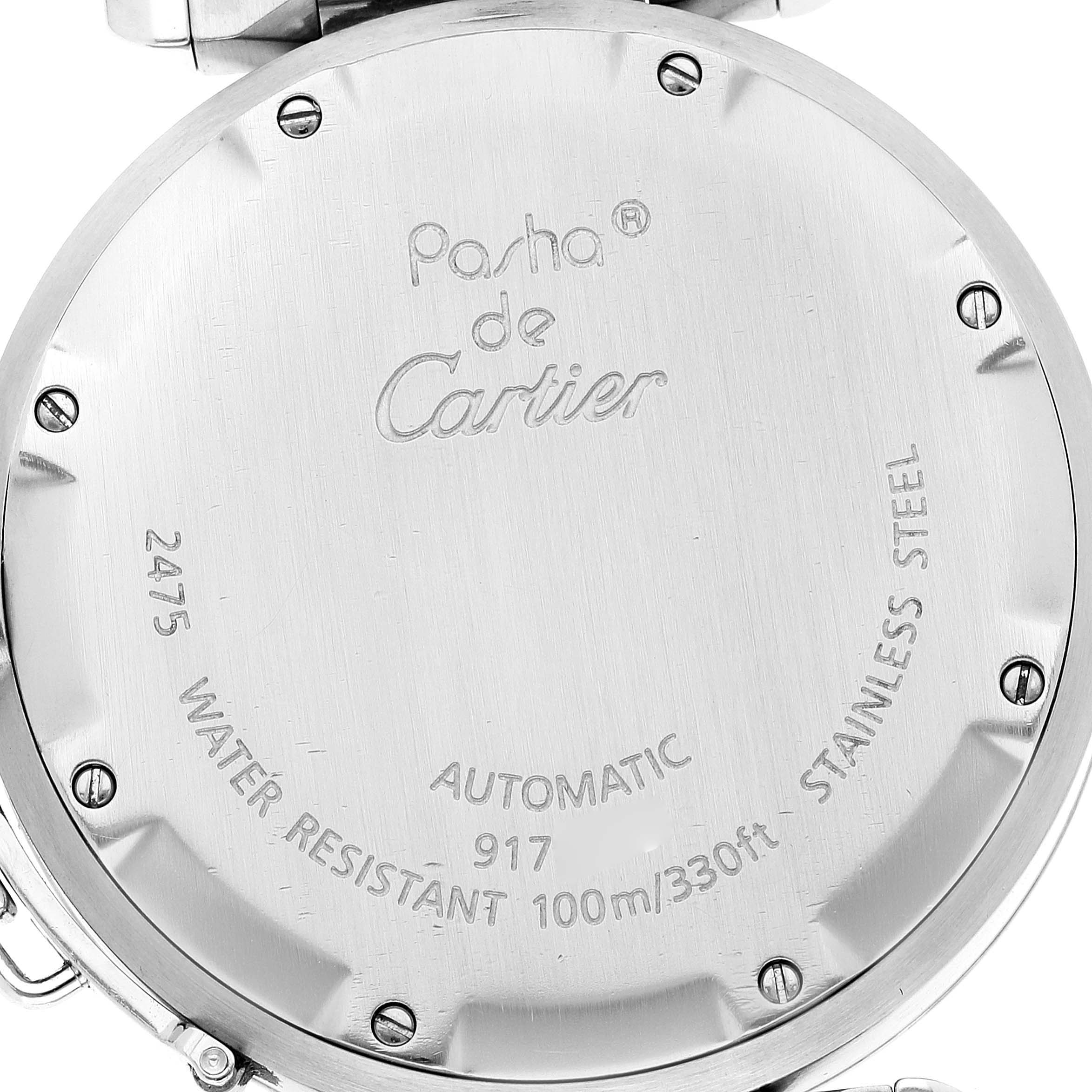 The image shows the stainless steel back case of a Cartier Pasha W31044M7 Men's Stainless Steel White Dial W31044M7 Men's Stainless Steel White Dial watch, displaying model details and specifications.