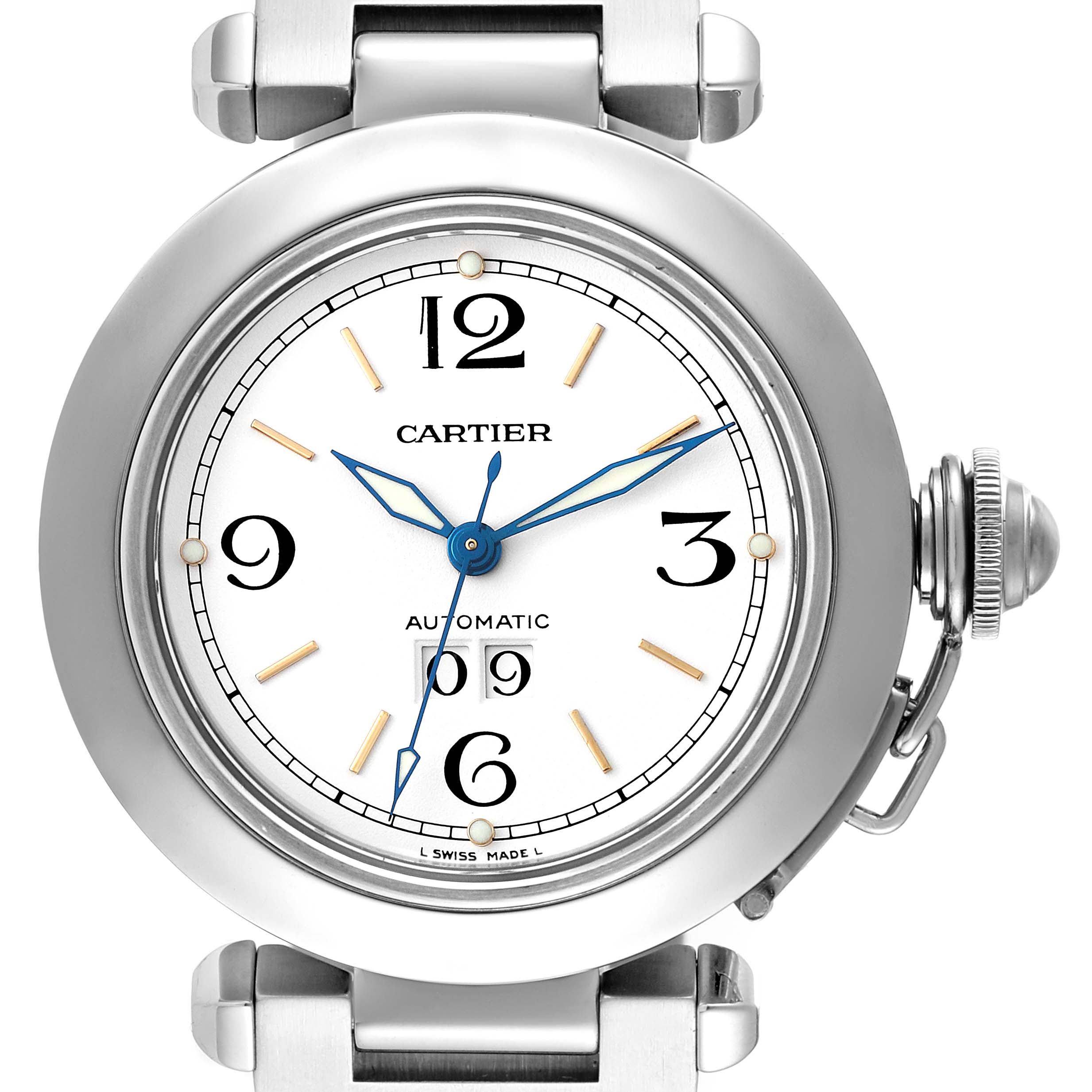 This image shows a front view of the Cartier Pasha W31044M7 Men's Stainless Steel White Dial W31044M7 Men's Stainless Steel White Dial model watch, highlighting its face, hands, and crown.