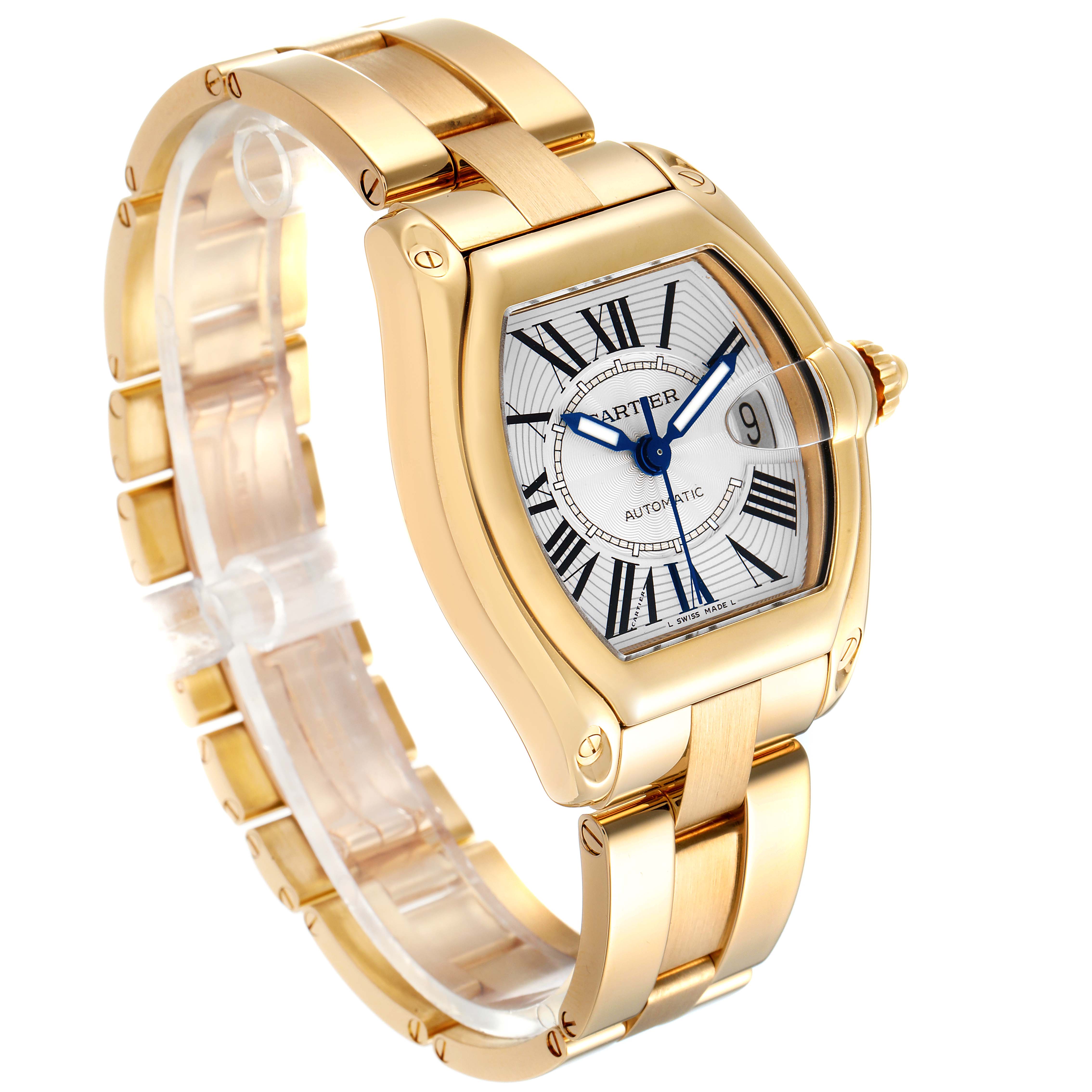 The image shows a gold Cartier Roadster W62005V1 Men's Yellow Gold Silver Dial W62005V1 Men's Yellow Gold Silver Dial watch from a front-left angle, highlighting its dial, bracelet, and case.