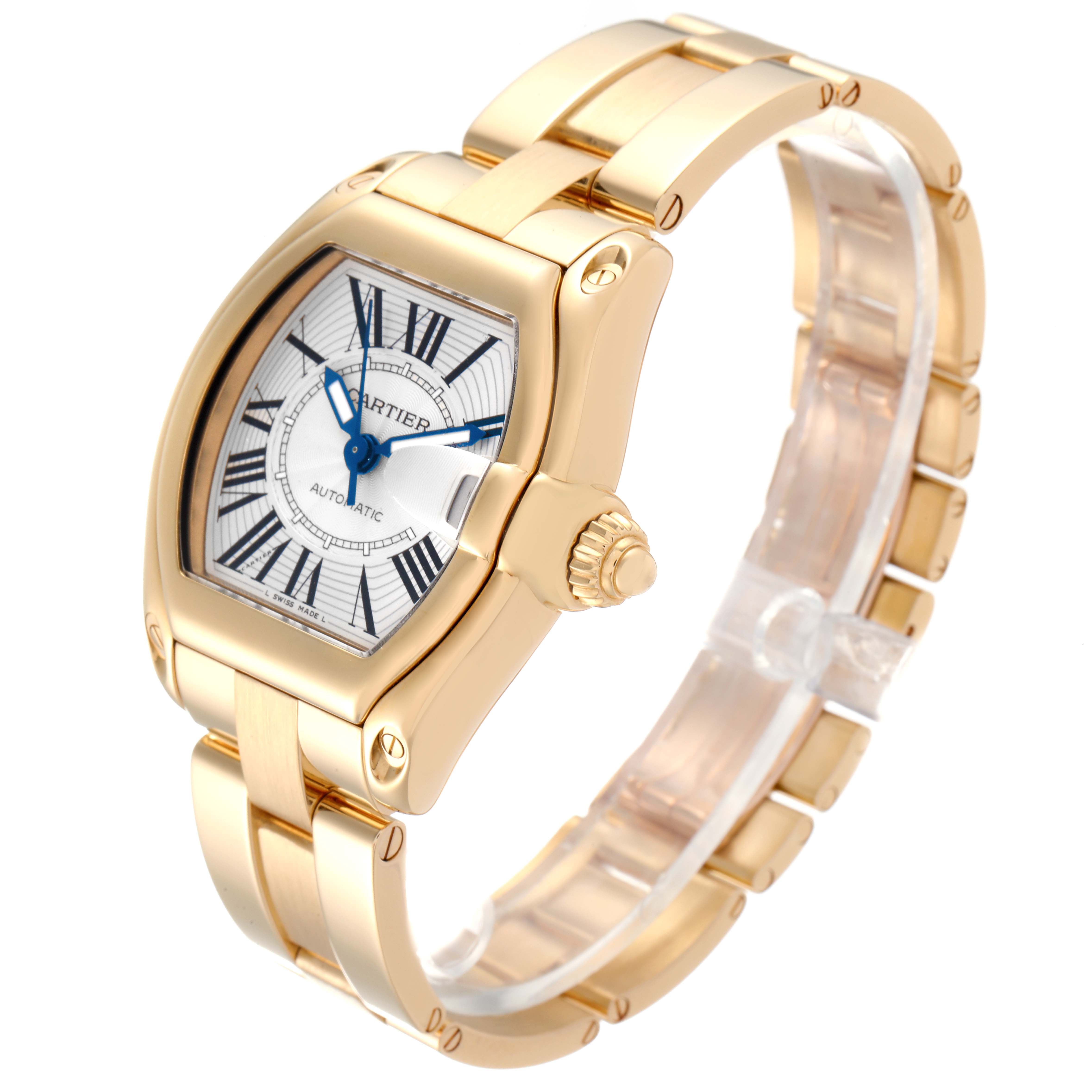 The image shows a Cartier Roadster W62005V1 Men's Yellow Gold Silver Dial W62005V1 Men's Yellow Gold Silver Dial watch at a three-quarter angle, highlighting the dial, crown, and bracelet.