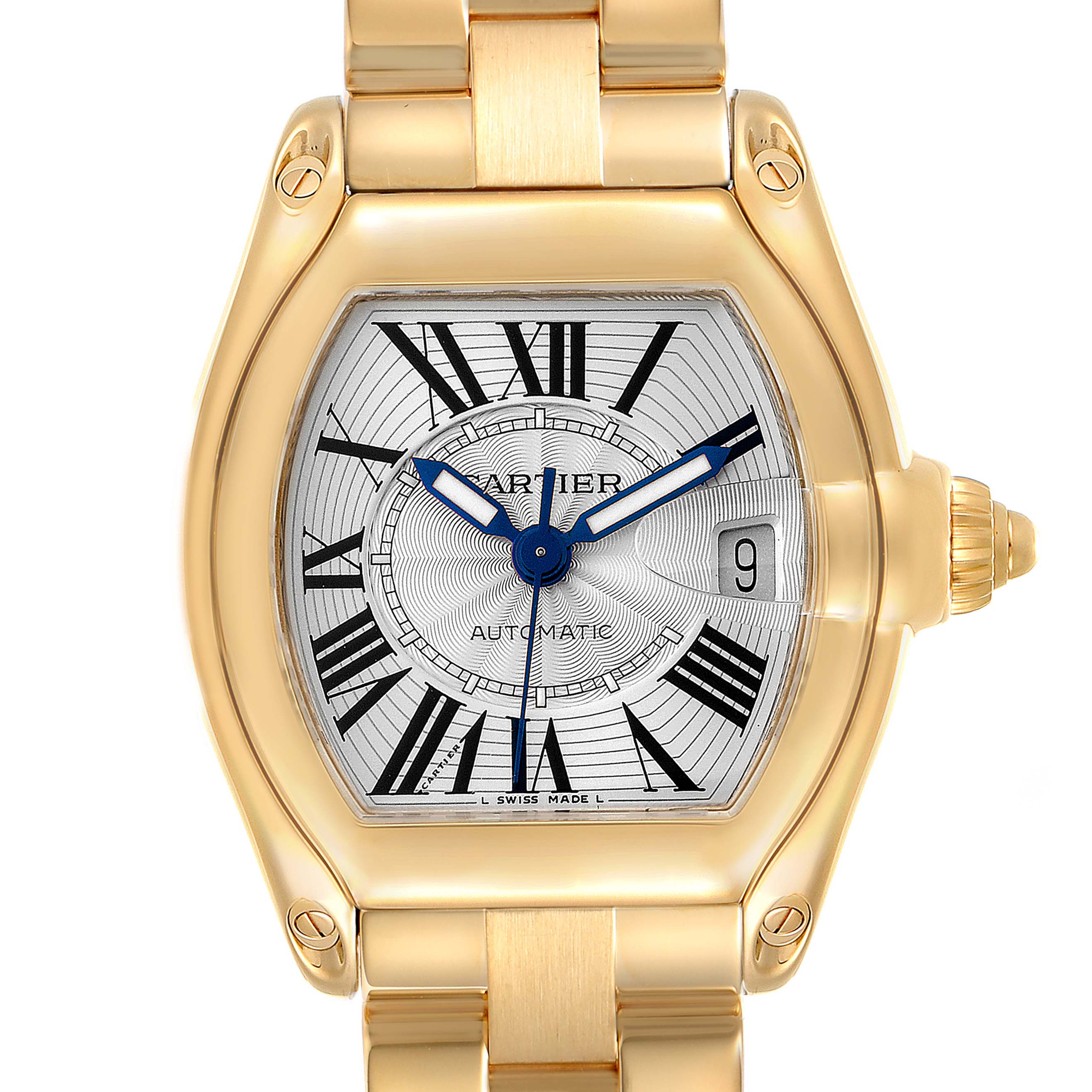 This image shows a close-up, front view of the Cartier Roadster W62005V1 Men's Yellow Gold Silver Dial W62005V1 Men's Yellow Gold Silver Dial watch, highlighting the dial and part of the bracelet.