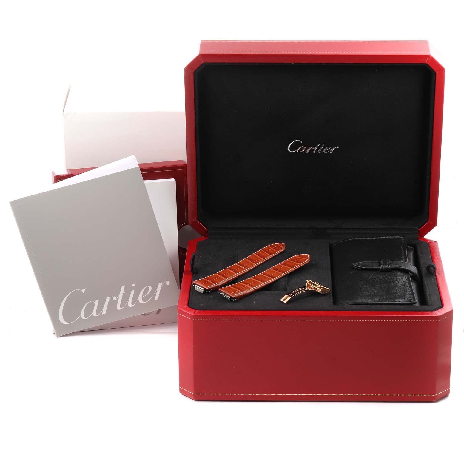 The image shows a Cartier Roadster W62005V1 Men's Yellow Gold Silver Dial W62005V1 Men's Yellow Gold Silver Dial watch set with additional leather straps and a clasp, presented inside an open Cartier box.