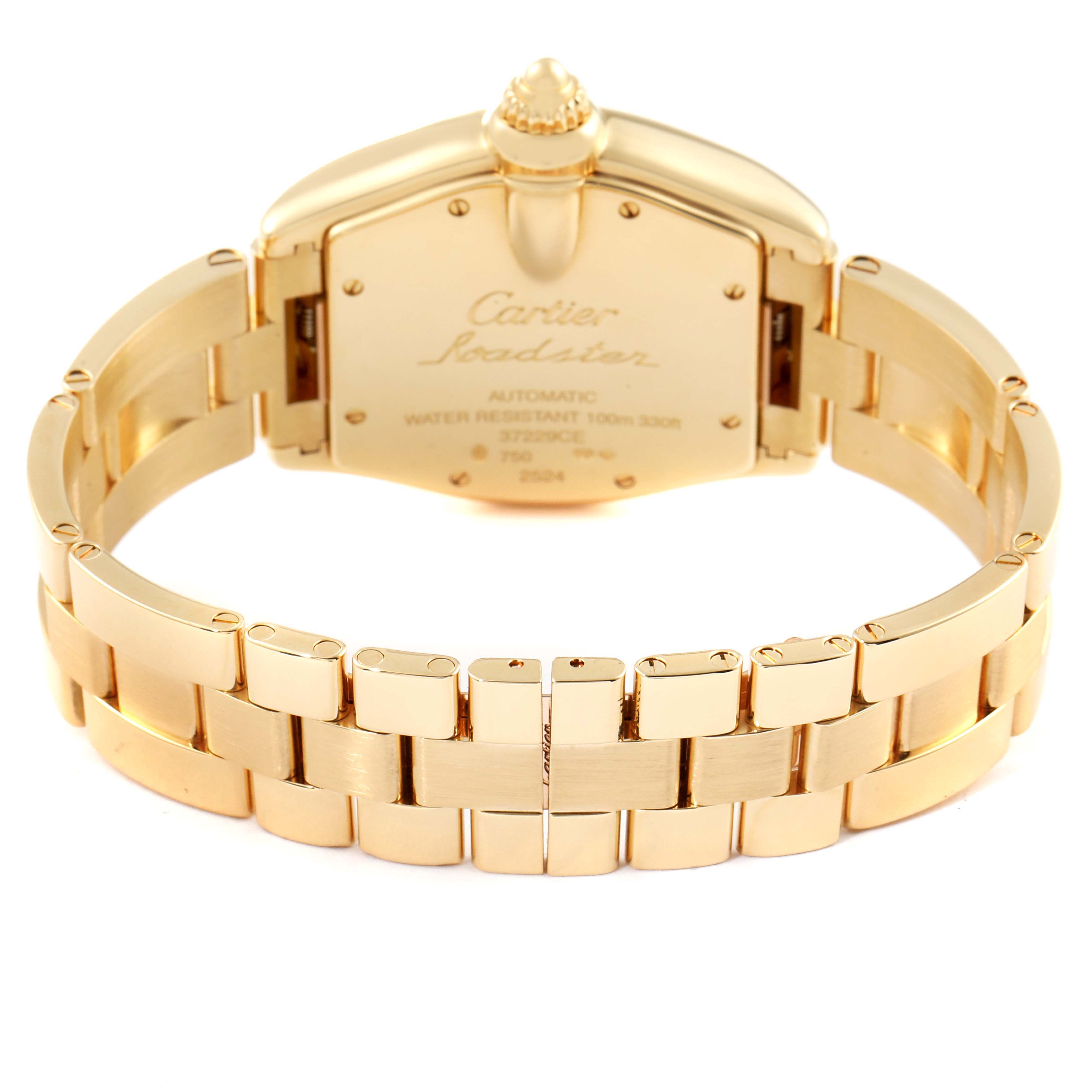 This image shows the back view of the gold Cartier Roadster W62005V1 Men's Yellow Gold Silver Dial W62005V1 Men's Yellow Gold Silver Dial watch, highlighting its bracelet and case back. 