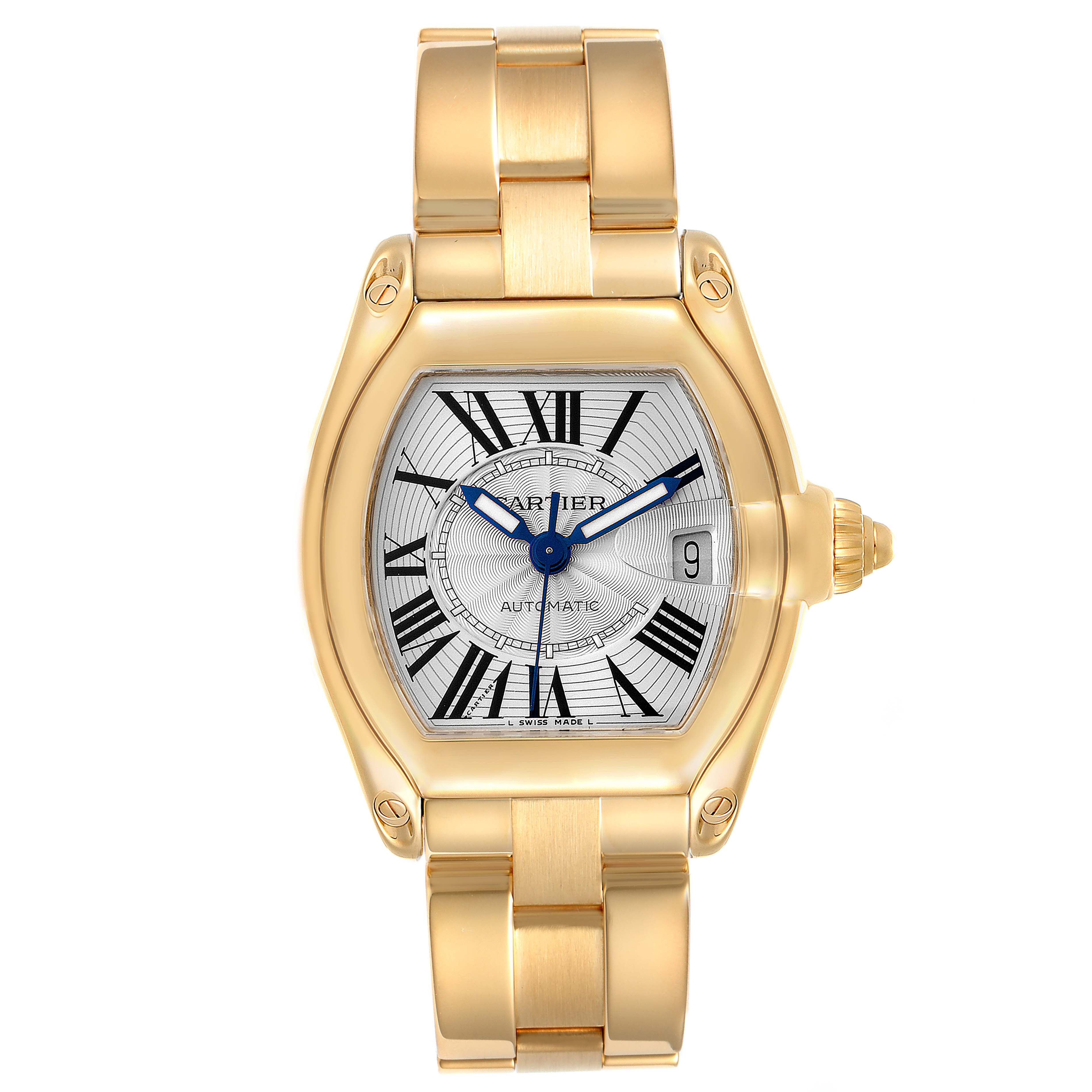The image shows a front view of a Cartier Roadster W62005V1 Men's Yellow Gold Silver Dial W62005V1 Men's Yellow Gold Silver Dial watch, highlighting its gold bracelet, dial with Roman numerals, and date window.