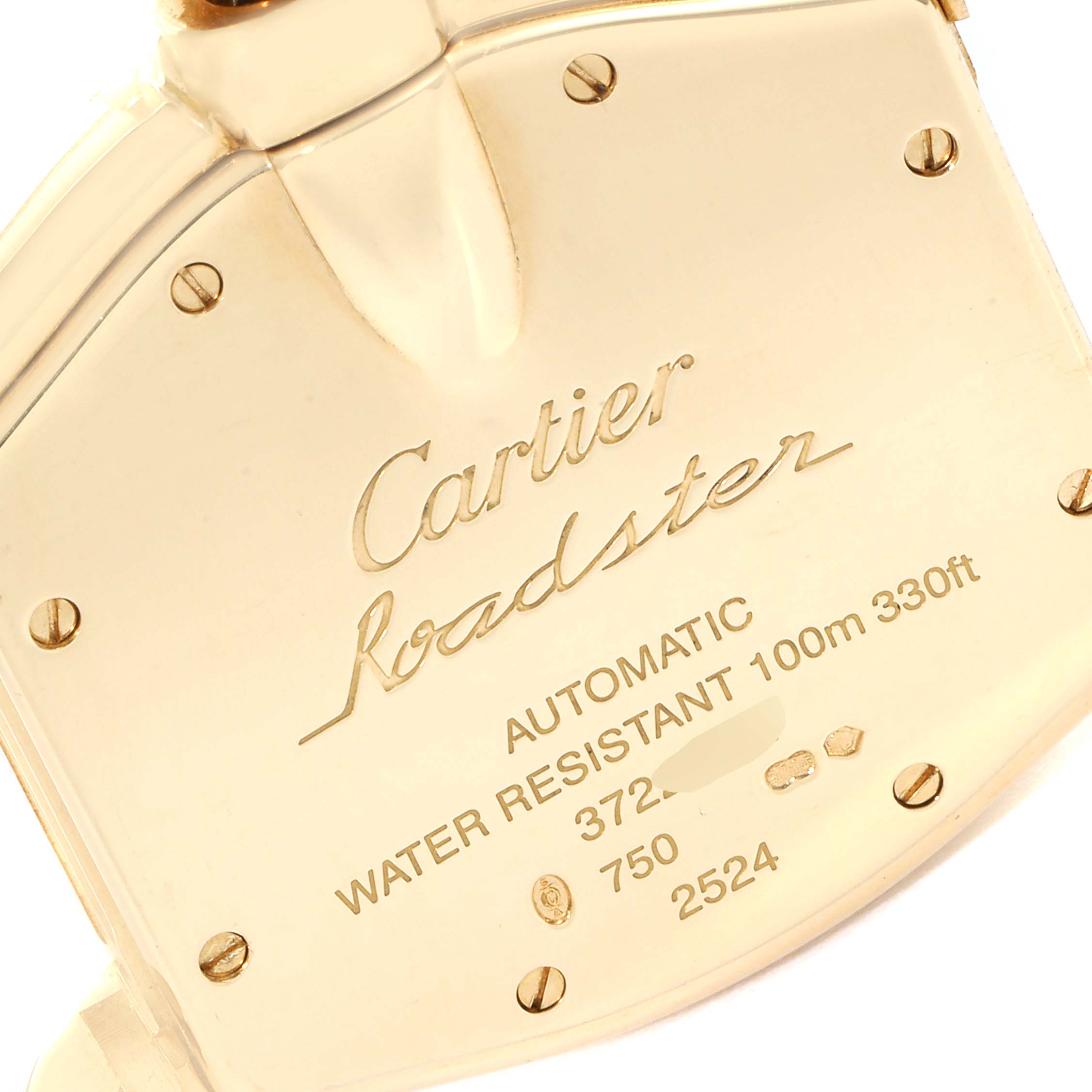This image shows the backside of a Cartier Roadster W62005V1 Men's Yellow Gold Silver Dial W62005V1 Men's Yellow Gold Silver Dial watch with the model's engravings and specifications.