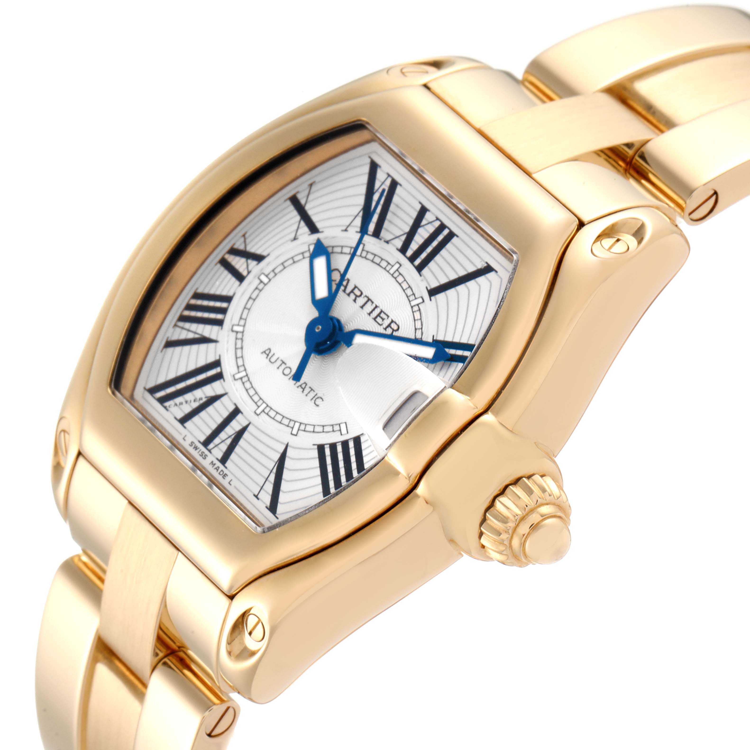 This image shows a close-up angle of the Cartier Roadster W62005V1 Men's Yellow Gold Silver Dial W62005V1 Men's Yellow Gold Silver Dial watch, highlighting the case, dial, and part of the bracelet.