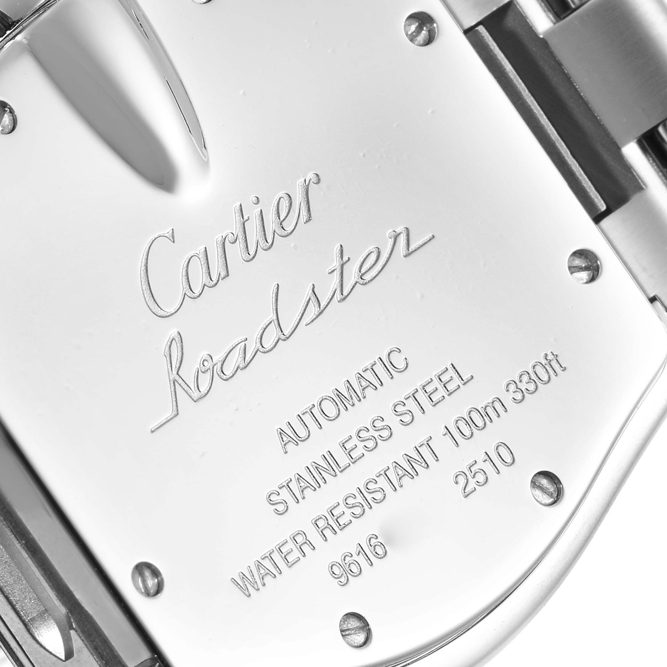 This image shows the back case of a Cartier Roadster W62025V3 Men's Stainless Steel Silver Dial W62025V3 Men's Stainless Steel Silver Dial watch, highlighting the engravings and specifications.