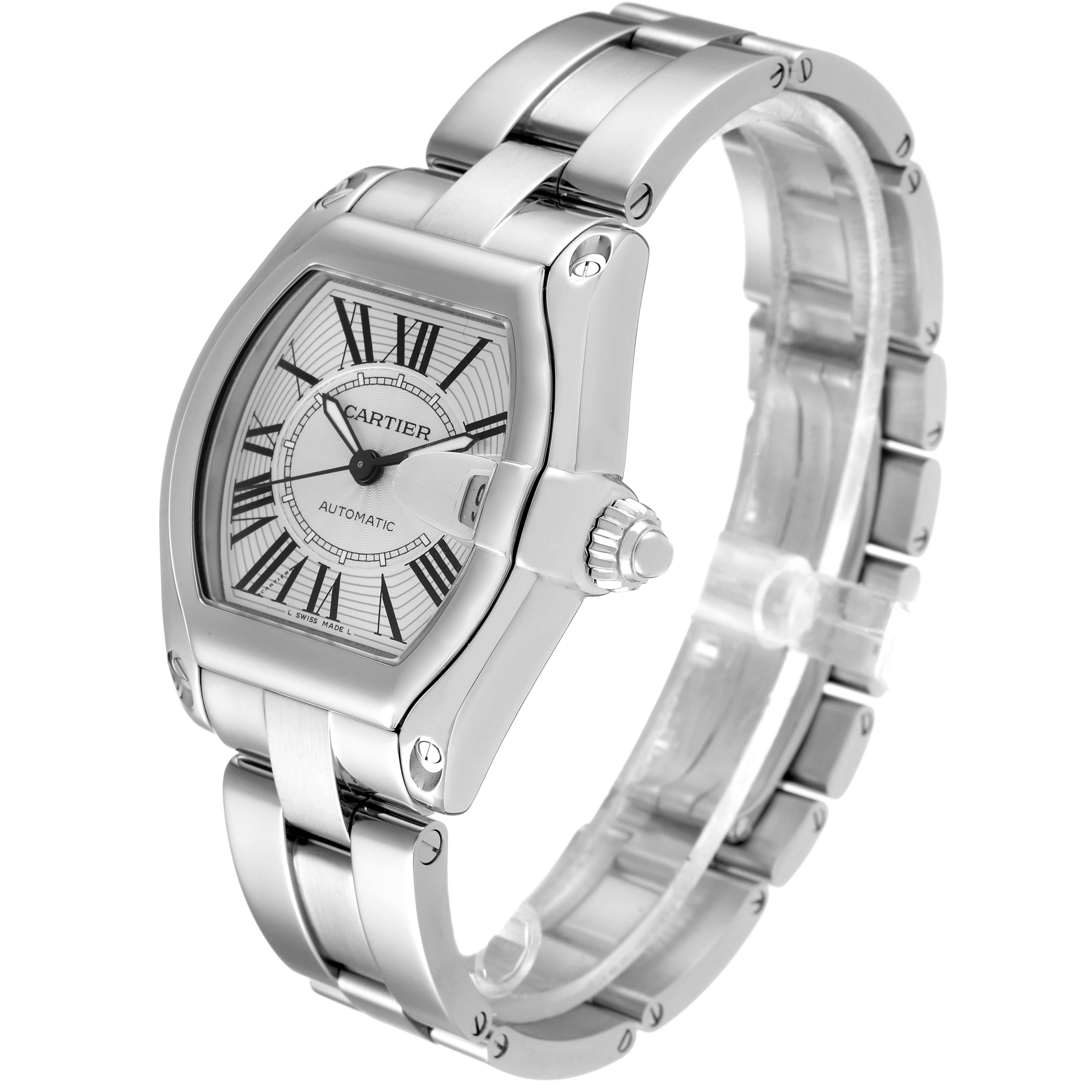 The image shows a side and front angle of the Cartier Roadster W62025V3 Men's Stainless Steel Silver Dial W62025V3 Men's Stainless Steel Silver Dial watch, highlighting the face, bezel, crown, and bracelet.