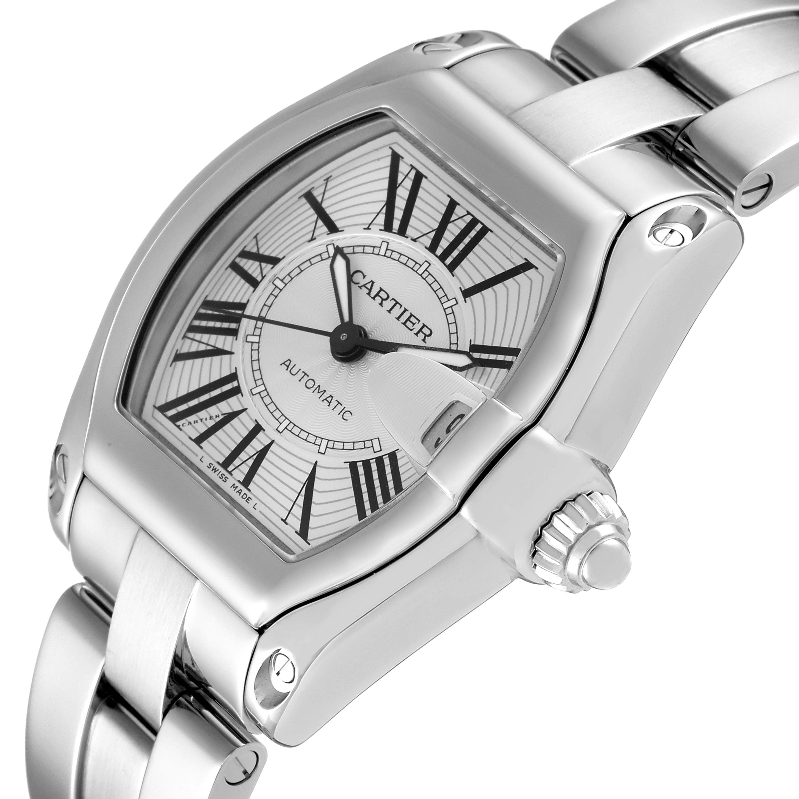 The image shows a close-up angle of a Cartier Roadster W62025V3 Men's Stainless Steel Silver Dial W62025V3 Men's Stainless Steel Silver Dial watch focused on the face, bezel, crown, and part of the bracelet.